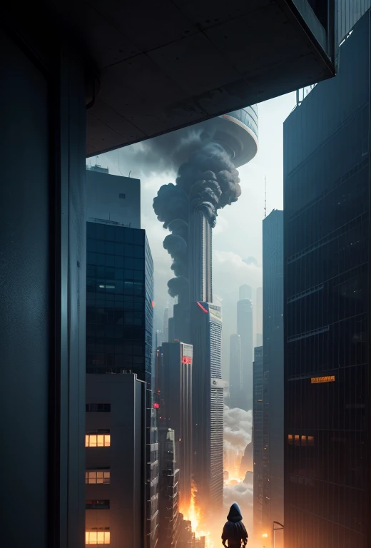 image taken from behind the shoulder of a GIRL with her back turned and DRESSED IN A HOOD from a balcony of a futuristic building with, She is looking at an aerial view of an ultra-futuristic North American megalopolis, view of the entire city with many metal buildings and houses in dark colors from dark blue to black, a cidade tem tons de cinza metal, has smoky metal structures , industrial environment with smoke and fog around, carros escuros nas ruas, desert megalopolis, trilhos e trens modernos de de metal passando estre as ruas da cidade, tall futuristic metal buildings, many ultra modern buildings around, , as realistic as possible, As detailed as possible, Science fiction
