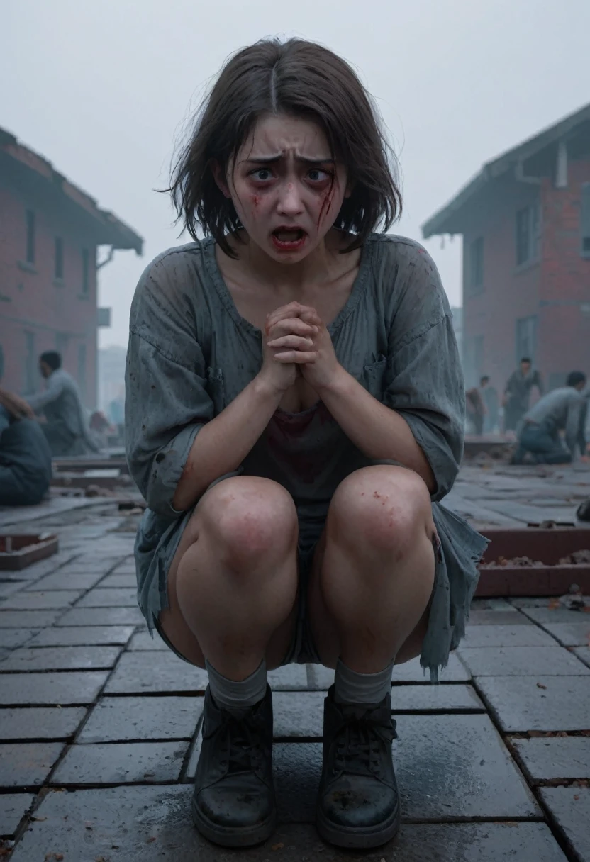 ((8k,RAW Photos,highest quality,masterpiece),HD RAW Color Photos,(Realistic,Realistic:1.37),(highest quality),(Best Shadow),Full Figure, 18-year-old, girl, On the roof, (Are crying),shout, squatted on the ground, fear, alone, Scared, Torn clothes, Realistic, Anatomically correct body(1.8), Correct legs(1.8), Very detailed, Exquisitely crafted, Dystopian cityscape, Surrounded by a lot of zombies(1.8), Attacking zombies(1.5), Desperate Situation(1.7), It was foggy, (Bokeh:0.6), Sharp focus, Dappled Lighting, (Backlight:0.7)