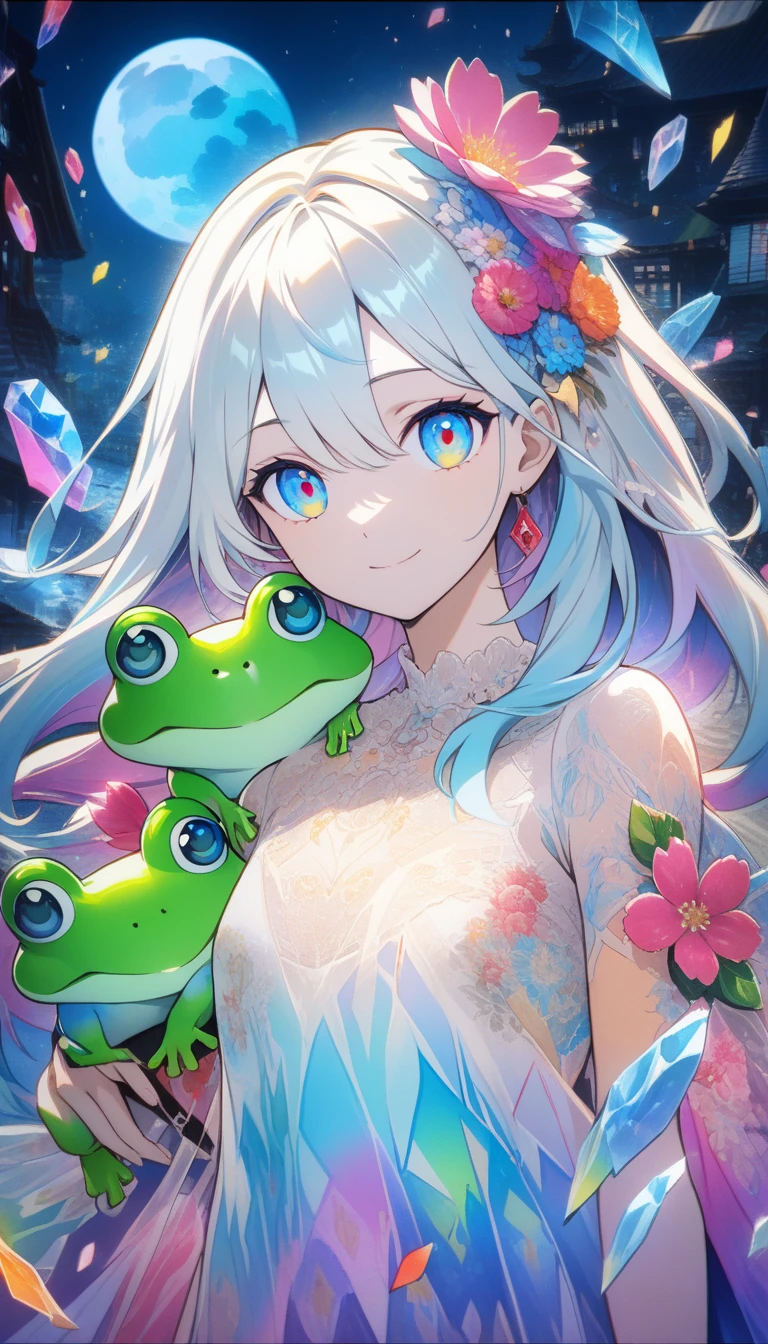 32k, best quality, ultra high res, HDR, UHD, extremely detailed CG, unity 32k wallpaper, **Japanese anime, A picture that looks like it was drawn with Copics,crystal style, crystal clear, woman with frog, under the blue moon, it was meticulously written, picture with elaborate writing, cute woman over smile,Flower, bold and strong line drawing, vivid acrylic painting, vivid thick paint, vivid, plain background, beautiful proof, highest resolution 16K, beautiful anime woman that is betrayeded by a frog, hair is short, Beautiful lightcyan high lights in her beautiful kind eyes, background is twinkle,Beautiful woman with a loose airy bright colorful hair with diamond high lights,Transparent dress, ,thick aquarelle colors,colorful,honeydew and diamond, lightcyan and white and light Effects,wallpaper,architecture,High quality, high image quality, great amount of drawing,pixiv illustration, transparency, Japanese anime,upper body,white tone, delicate brushwork,distinct color,