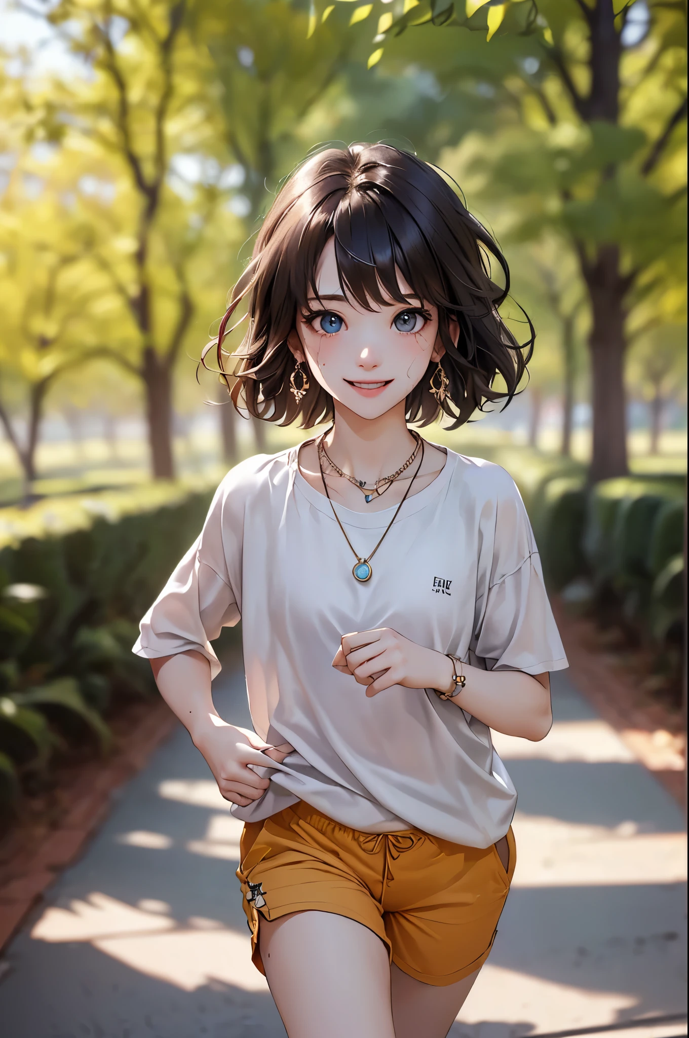 ((Biologically correct limb count))、((Full Body Shot, Full-body photo including face))、4K、masterpiece、((Focus on the face))、((Symmetrical facial features))、Eyes of meticulous depiction、Beautiful woman、Excellent style、Beautiful feet、(High heels）、Facial detailing、Small earrings、necklace、((Close-up photo of the upper body))、(Upper body T-shirt、Shorts）、Park scenery on a holiday morning、A big smile、sweating、Running Scene、