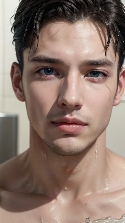 handsome male model, realistic concept, porceline face make up, cute lips, wet face after bath