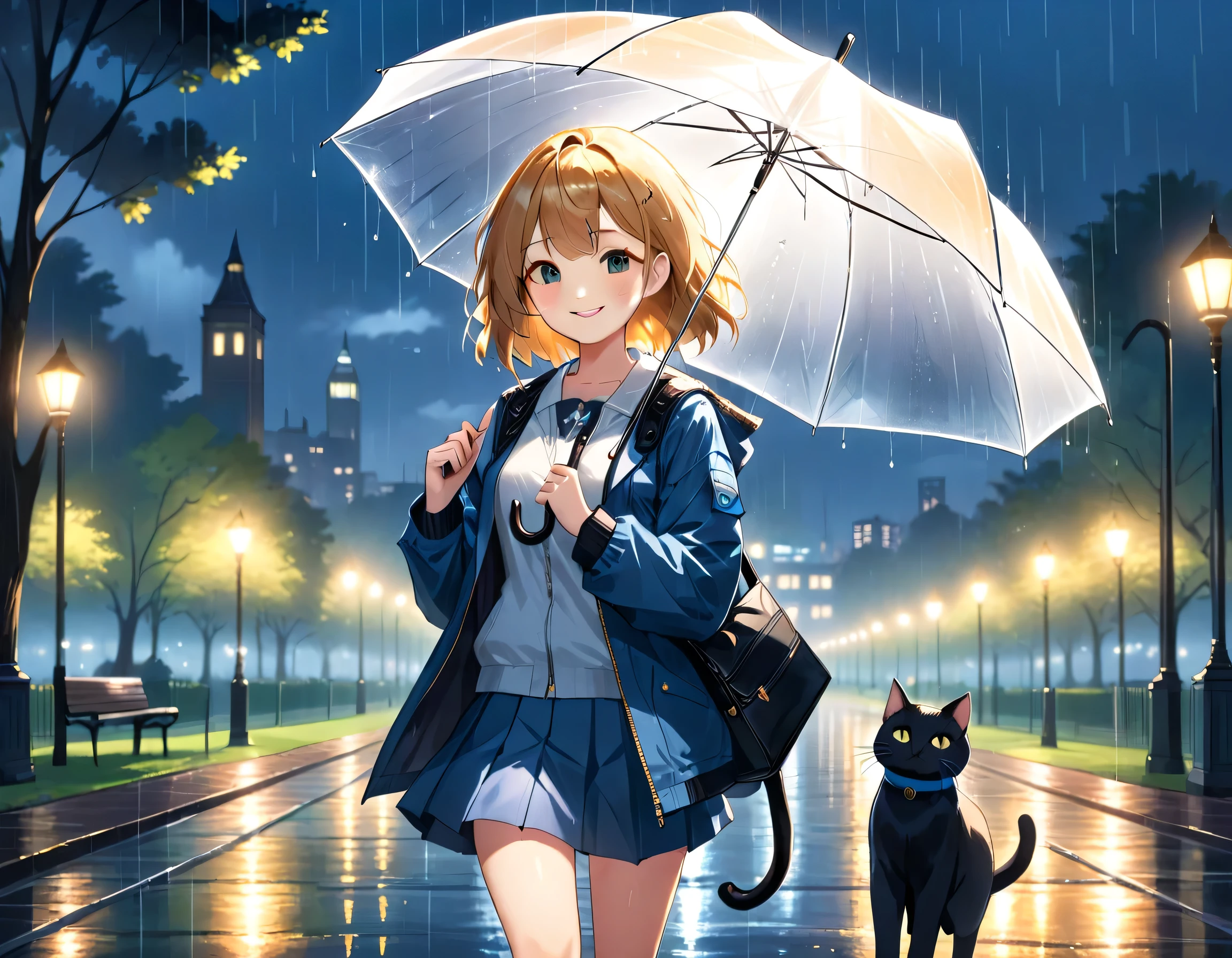 (Masterpiece, Best Quality, 8K), 
Illustration of a girl and a cat in a park, it is raining and she is holding an umbrella, dim evening, diffused city light shining, jacket, mini skirt, shoulder bag, holding an umbrella for a cat, smiling