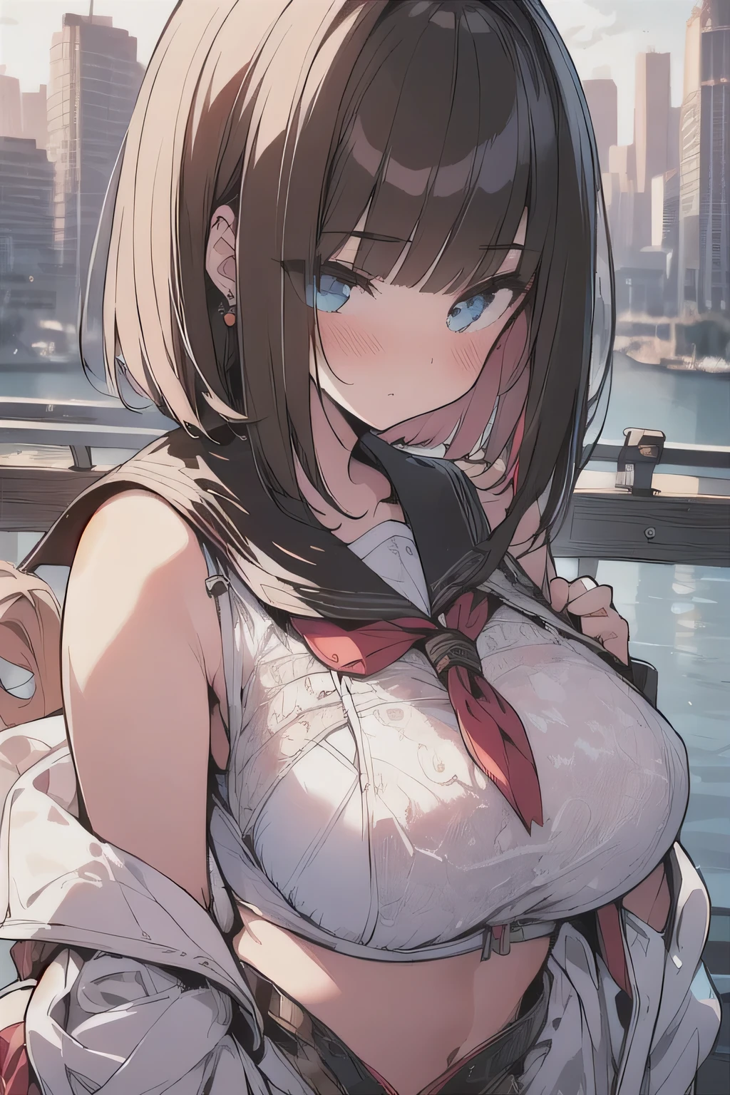 (best quality), (Super detailed), (Best Illustration), (masterpiece), (woman), high contrast, look at viewer, {(white serafuku:1.2), (show off bra:1.2)}, (large breasts), {(detailed eyes), blue eyes}, {brown hair, (sideburns), (bob cut:1.3), curly hair, hairs between eyes, colored inner hair}, blush, earring, wind, (panoramic view:1.3)