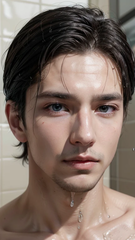 handsome male model, realistic concept, porceline face make up, cute lips, wet face after bath, innocent face