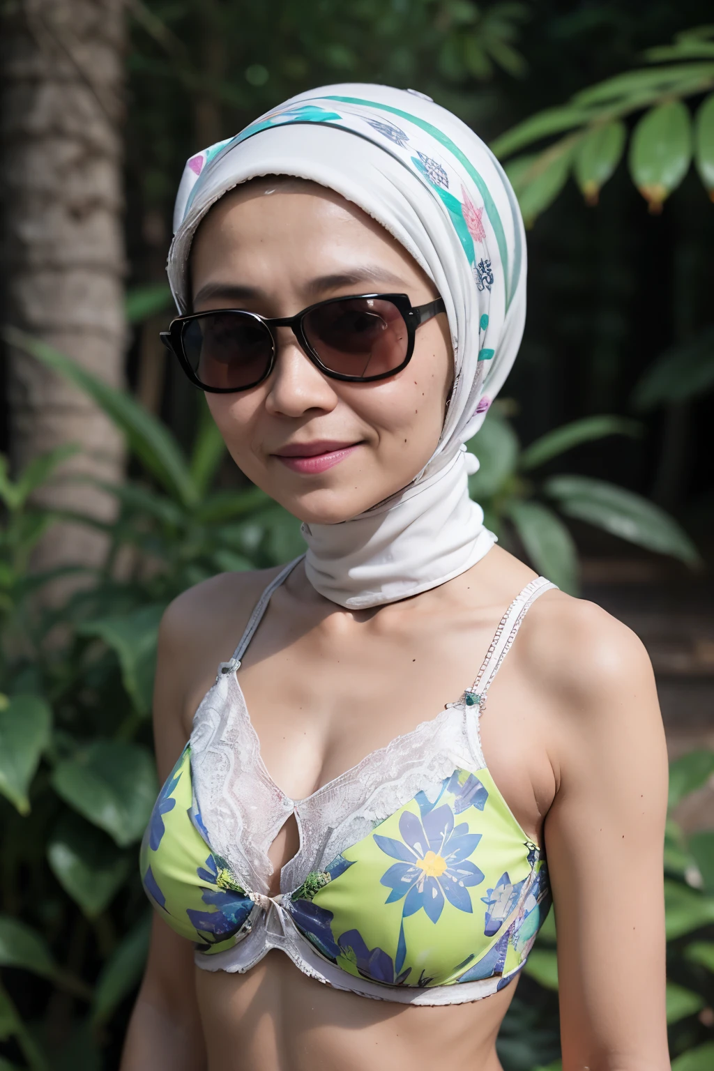 (((Sunglasses))), ((Old lady:1.5)), ((FLAT CHEST:1.6)), (Happy smile), (((HIJAB MALAY GIRL))), masutepiece, High quality, UHD 32K, Realistic face, Realistic skin feeling , A Japanese Lady, 58 years old matured lady, , Very cute and baby-like face, (((FLAT CHEST))), (Night time at forest), ((look In front  at the camera and SADNESS)), (((WHITE FLUORESCENT))), (((CUTE GIRL))), ((LIGHT GREEN FLUORESCENT LIPS)), ((Floral Pattern)) little wearing strapless bra, strapless colorful bra, dark night background , black forest night, horror scary place, (from behind up) seductive pose