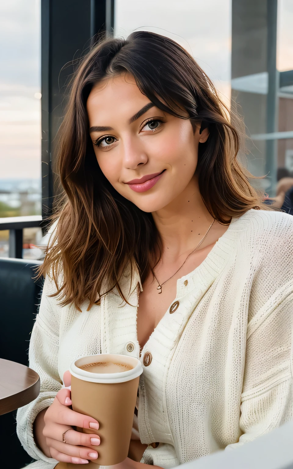 Cute beautiful blonde with yellow sweater (Drinking coffee in a modern café at sunset), sehr detailliert, 14 Jahre alt, unschuldiges Gesicht, naturally wavy hair, blaue Augen, high-res, Meisterwerk, best qulaity, komplizierte Details, sehr detailliert, scharf Fokus, detaillierte Haut, realistische Hauttextur, Textur, detaillierte Augen, professionell, 4k, charming smile, aufgenommen mit Canon, 85 mm, light depth of field, Kodak Vision-Farbe, perfectly fitting body, extrem detailliert, Foto_\(ultra\), fotorealistisch, realistisch, Nachbearbeitung, maximale Details, Rauheit, echtes Leben, ultrarealistisch, Fotorealismus, Fotografie, 8k uhd, Fotografie
