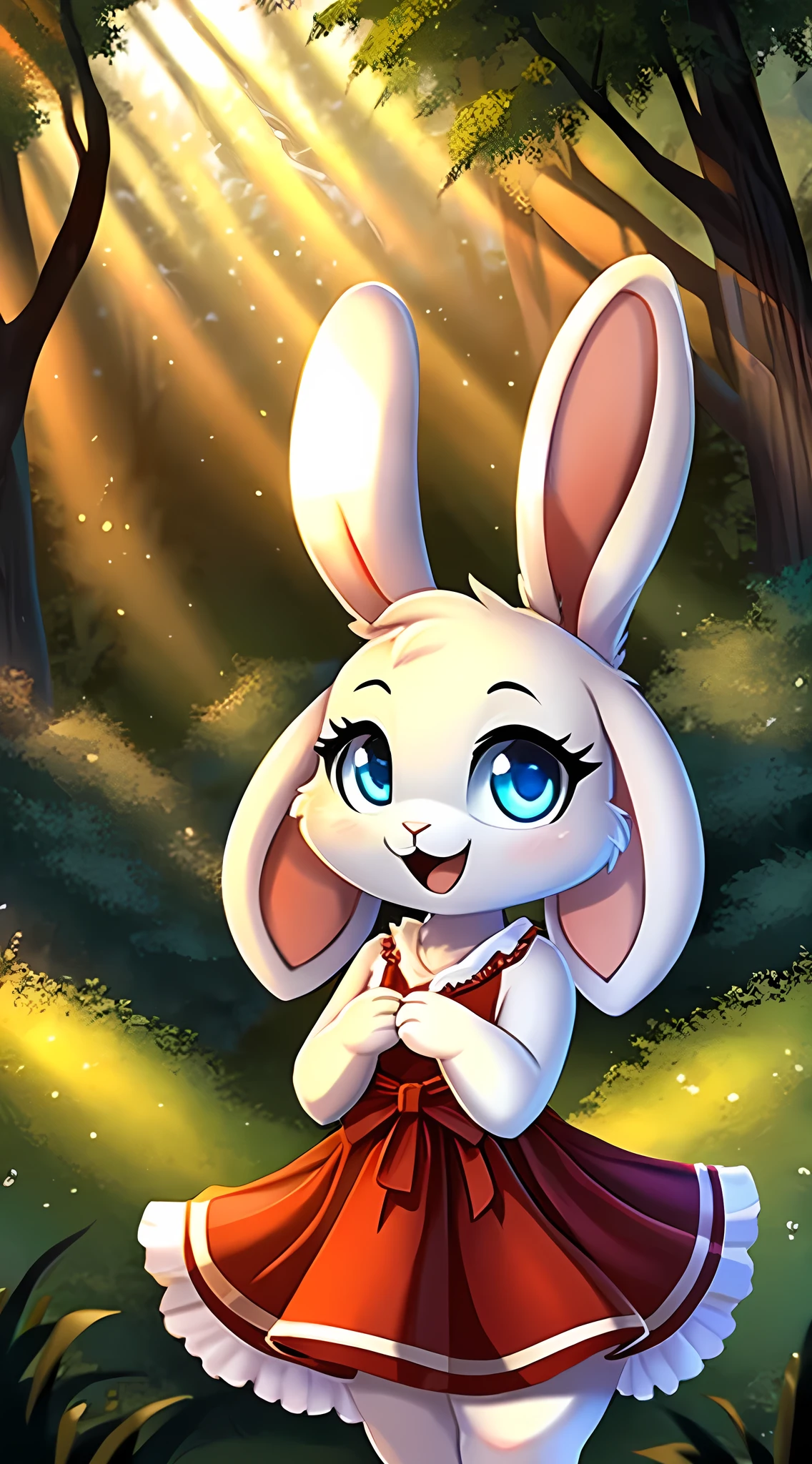 fantasy style art, cute, adorable, a short adorable little fluffy female white bunny with blue eyes, 4 ears, 2 extra ears, big floppy ears, ears perked up, long ears, raised ears, long eyelashes, poofy rabbit tail, wearing a frilly red ribbon dress, smiling, standing in a thick forest, big expressive smile, happy to see you, open mouth, wide eyes, excited eyes, excited face, stunning visuals, sunlight coming through the trees, digital illustration
