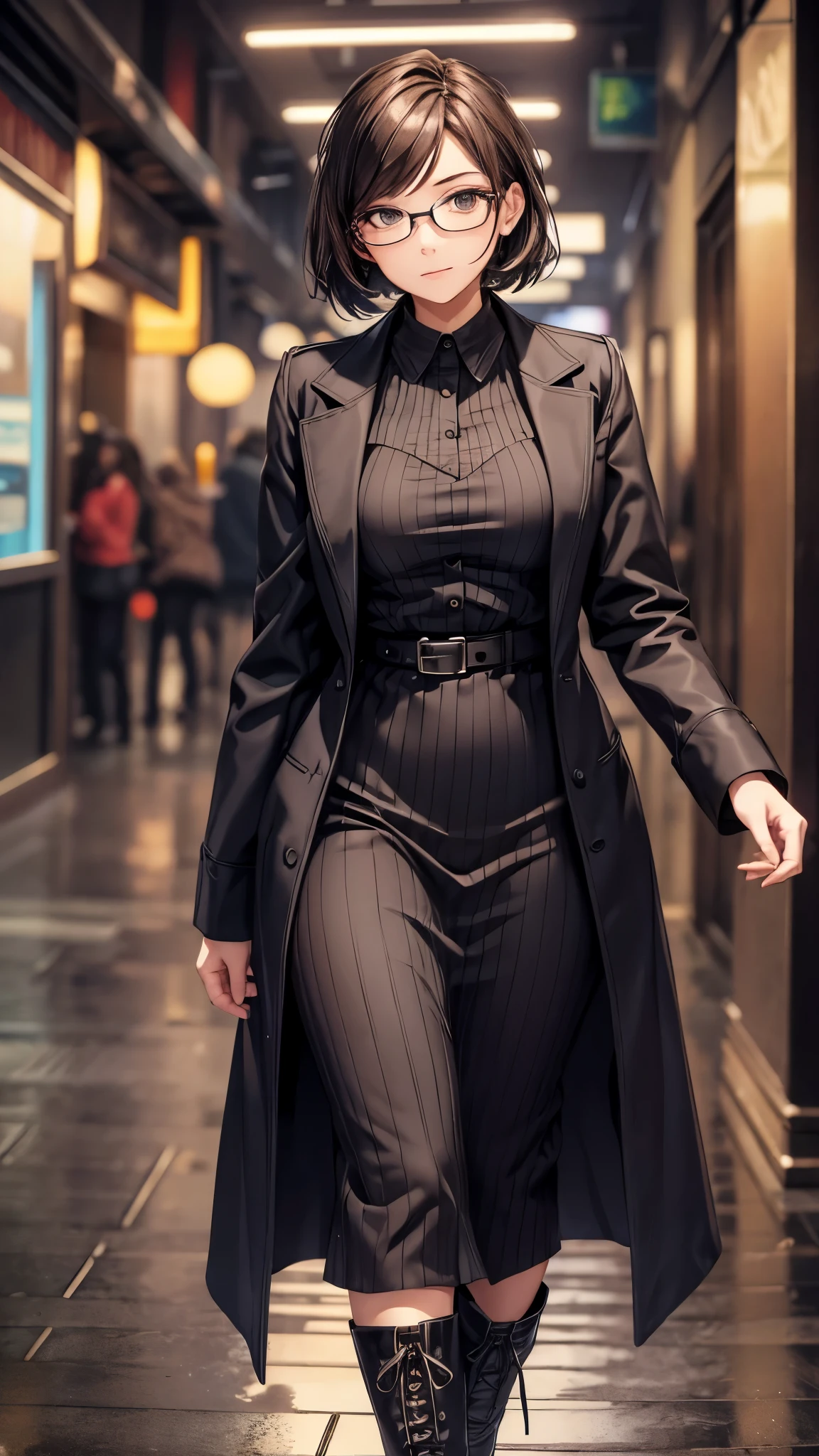 Hotel at night,Inside the room,whole body,30-year-old woman,office lady,Slender body,She is wearing heavy makeup,She wears glasses,Brown short bob hair,anger,Glare,Severe,Cross your arms,(She is wearing a maxi-length gothic dress.,short boots)