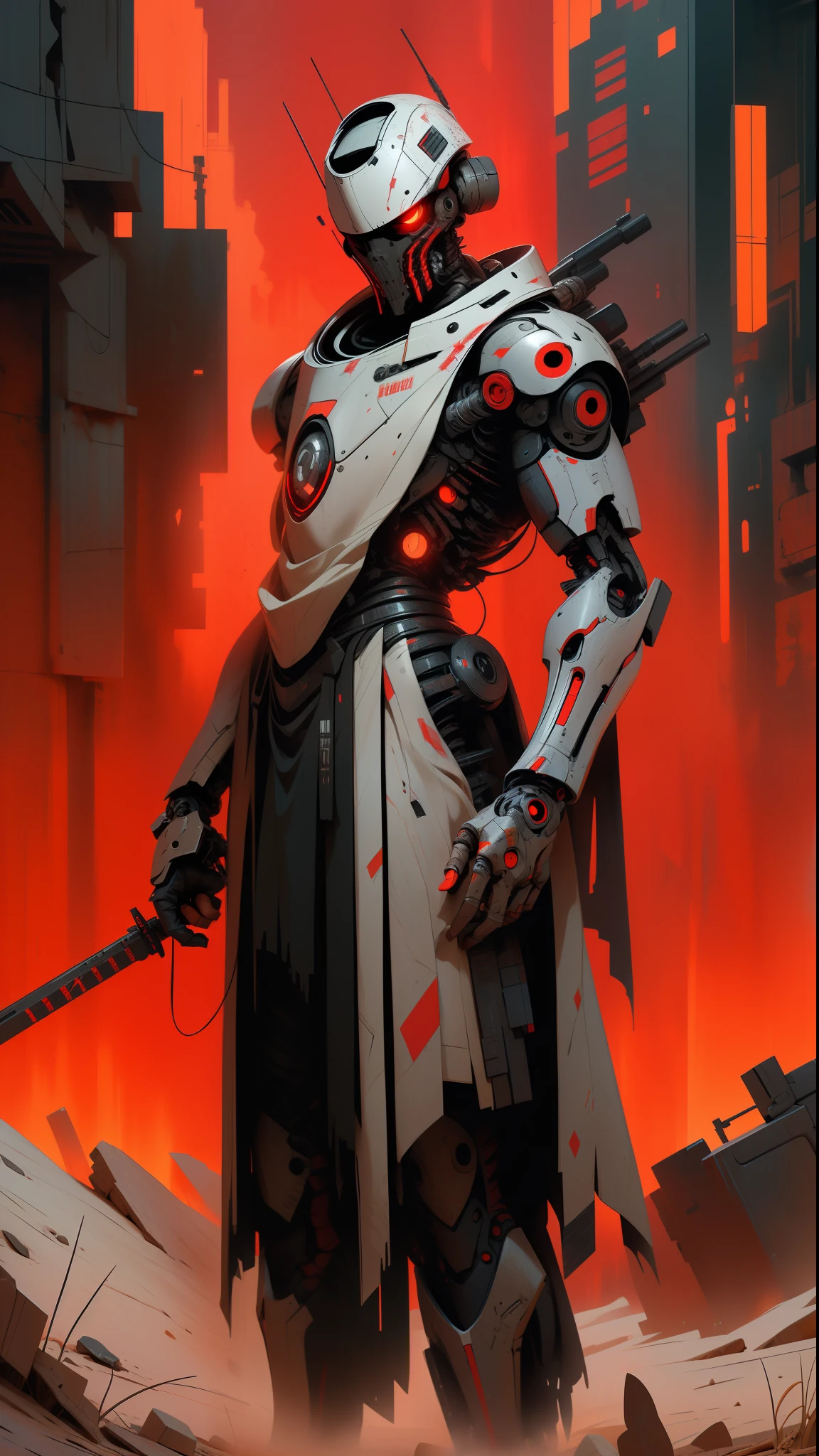 derpd, lethal cyborg assassin wearing robes armor, danger, red sky,post apocalypse