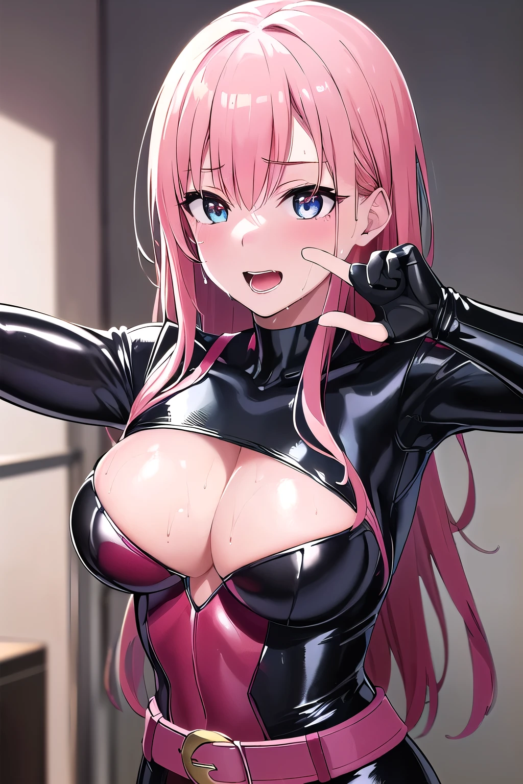 (8K, top-quality, masterpiece:1,2), (reallistic, Photorealsitic:1.37), Super Detail, One girl,), (Highly detailed), (beautifully detailed eyes), (of the highest quality), (super detailed ), (masterpiece), (Detailed face),20yr old, ,1 girl, ((pink hair,long hair)), medium breasts, clothed, Perfect Lighting, BREAK, (shiny:1.3), (superhero:1.3), (tight outfit:1.5), (red:1.3), (blue:1.3), (yellow:1.3), (black:1.3), (white latex bodysuit:1.4), (long gloves:1.4), (G-string with triangle front:1.5), (high heels:1.4), (thigh high boots:1.5), (bold and bright colors:1.3), (black belt:1.4), (sexy silhouette:1.5), (exposed intimate areas:1.5), BRAKE, (upper body to knees:1.3), (long pink hair:1.3), (sexy:1.4), (ecstatic expression:1.4), (dark room:1.3), (red lighting:1.3), (glossy skin:1.4), (sexual sweat:1.4), (enticing superhero pose:1.4), BRAKE
