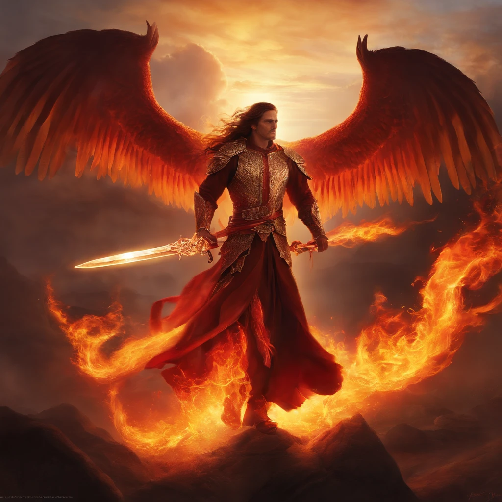 Description: The Phoenixfire Longsword's enigmatic male master stands within the heart of a scorching inferno, his fiery countenance mirroring the weapon's molten red flames. As he wields the sword, the flames dance in perfect harmony with his fiery presence, creating an eternal cycle of destruction and rebirth that embodies the essence of a phoenix's enduring passion.