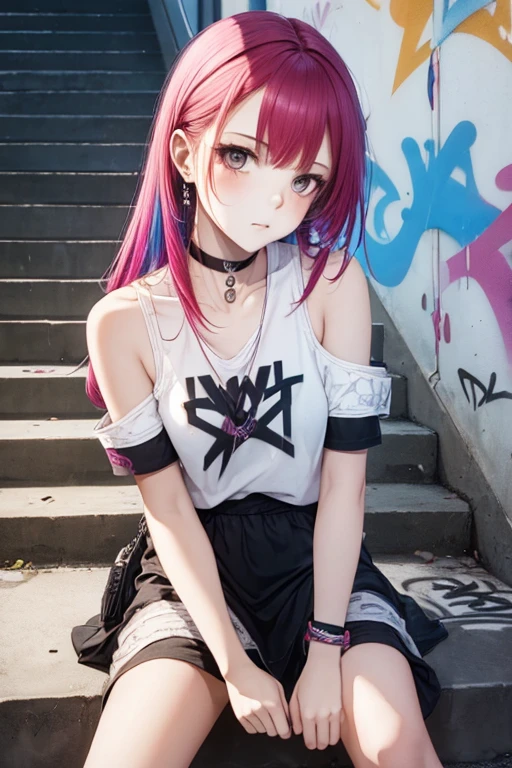 1girl, Wear casual clothes with bare shoulders, accessories, choker, (graffiti:1.2), staircase, looking at viewer, armband, blush, multicolored hair, (sensual sitting pose, full shot), (stylized:1.3), (Highly detailed), (high resolution), (Best quality), (masterpiece)
