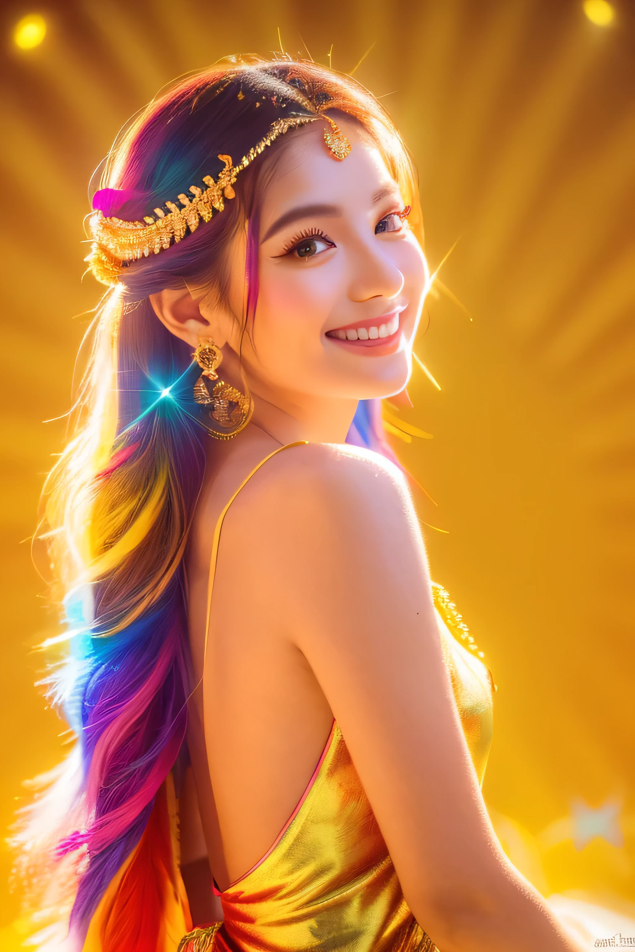 (goddess,beautiful,smiling,back,golden dress,white skin,rainbow feather background,red shrine,divine beauty) ,(best quality,4k,8k,highres,masterpiece:1.2),ultra-detailed,(realistic,photorealistic,photo-realistic:1.37),portraits,vivid colors,studio lighting