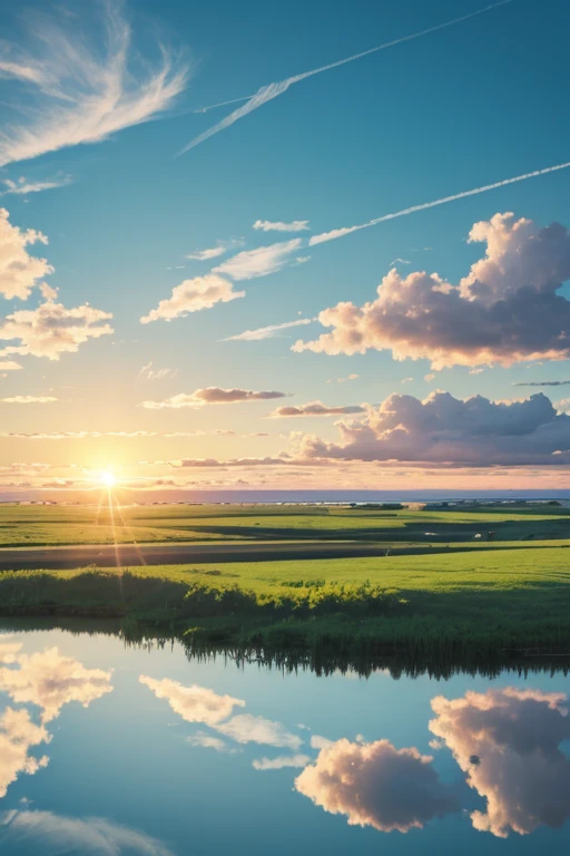 highest quality、prairie、horizon、green、cloud、sun