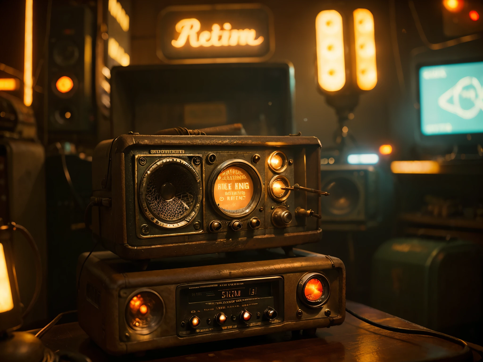 1 vintage radio sitting on a desk, warm, nostalgia, old photograph, cyberpunk, retro-futuristic, depth of field, bokeh, vintage, aged, warn,  foggy, blurry background