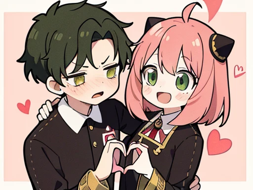 masterpiece, best quality, high resolution,
1 Girl Aniya，happy，short hair，
1 Boy Damian，Eden Academy uniform，Couple，Damian blushes shyly，((Heart and hands)), (Heart Mark)，Anatomically correct，Half Body