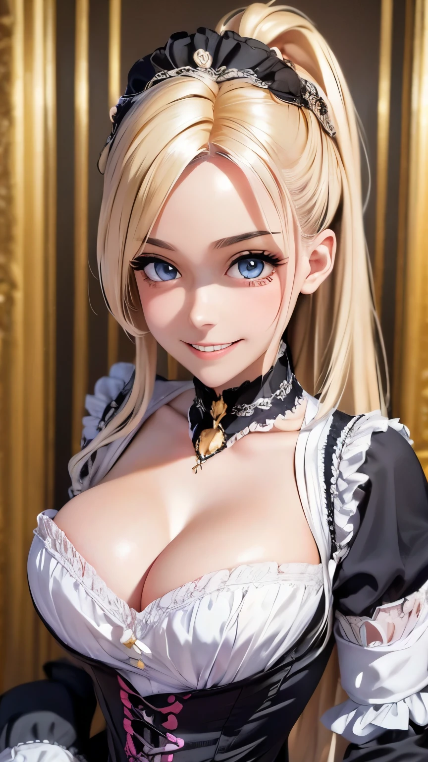 18 year old beautiful girl, big eyes, ?????????????,  and slender, 8K, top quality, (very detailed head: 1.0), (very detailed face: 1.0), (very detailed hair: 1.0), maid clothes, very detailed official artwork, anime moe art style, clean detailed anime art, smile, golden hair, smooth long hair