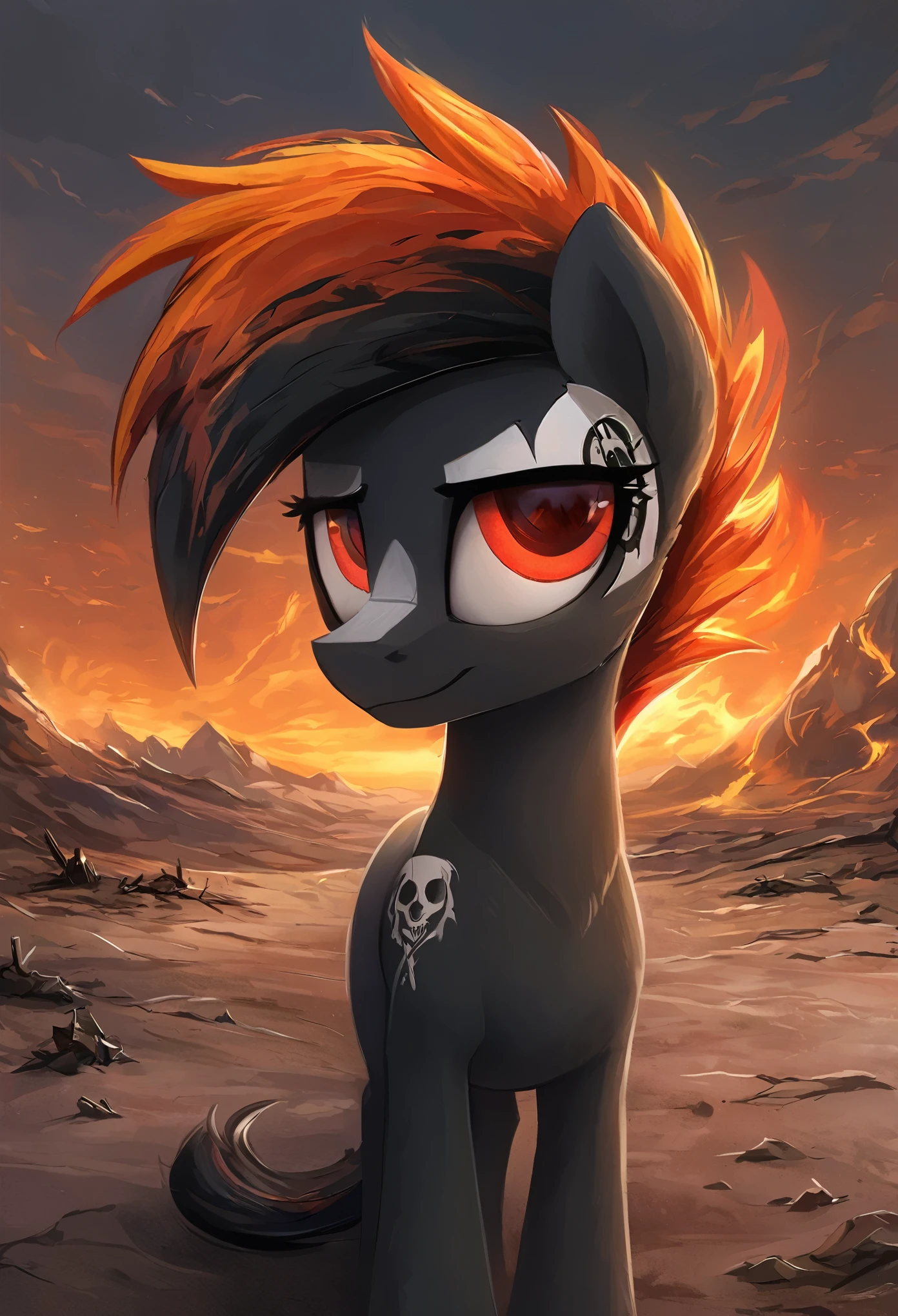 score_9, score_8_up, score_7_up, MLP, black fur, firey hair, red eyes, death, skull tattoo, desolate landscape, fire in the background, post-apocalyptic scene, only one pony, solo scene