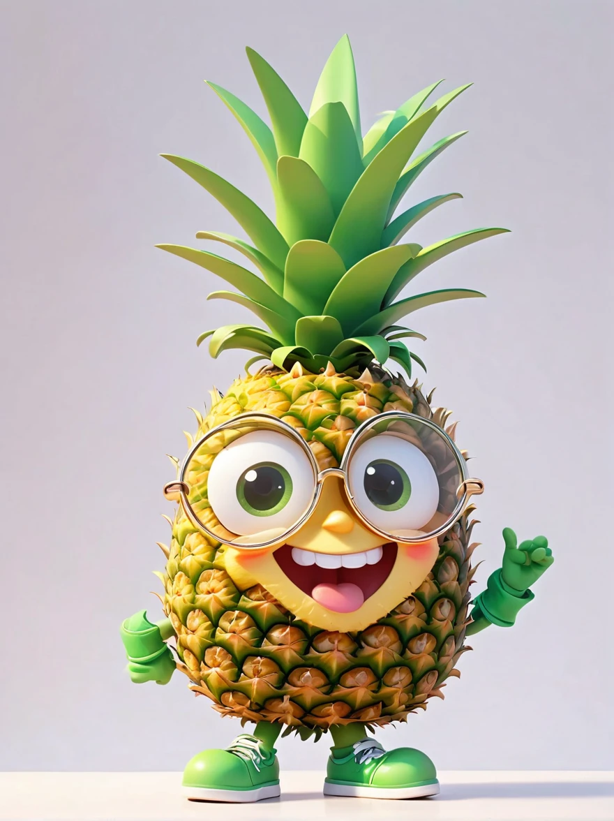 personification，A playful and energetic cartoon character，Influenced by Apple，But designed like a pineapple，It has a silly smile and eye-catching colors，Its skin is bright and textured.，Strange pointed green leaves grow on the top，Mimics the properties of a typical pineapple，A pair of expressive eyes，Comedy charm。Cartoon pineapple，Friendly hands and feet，Interesting poses appear，mascot，(Close one eye:1.3)，3D Rendering，Solid color background，specific，chibi anime，Surrealism, Cartoon Style, full-body shot, Super Detail, Anatomically correct, masterpiece, precise