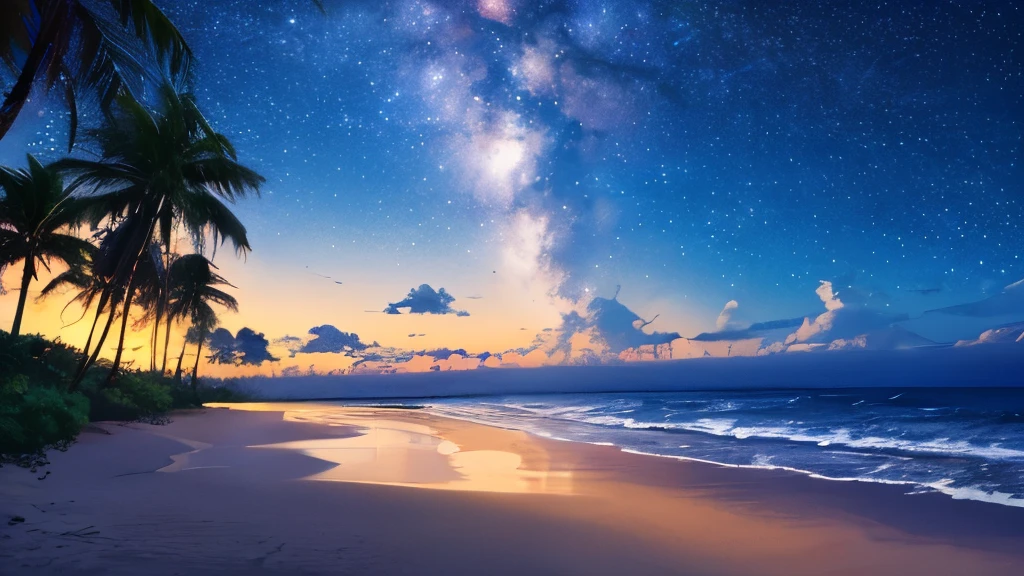 (masterpiece:1.2,highest quality),Tropical Beach,night,Shooting with a wide-angle prime lens,starry skies,milky way,8k resolution