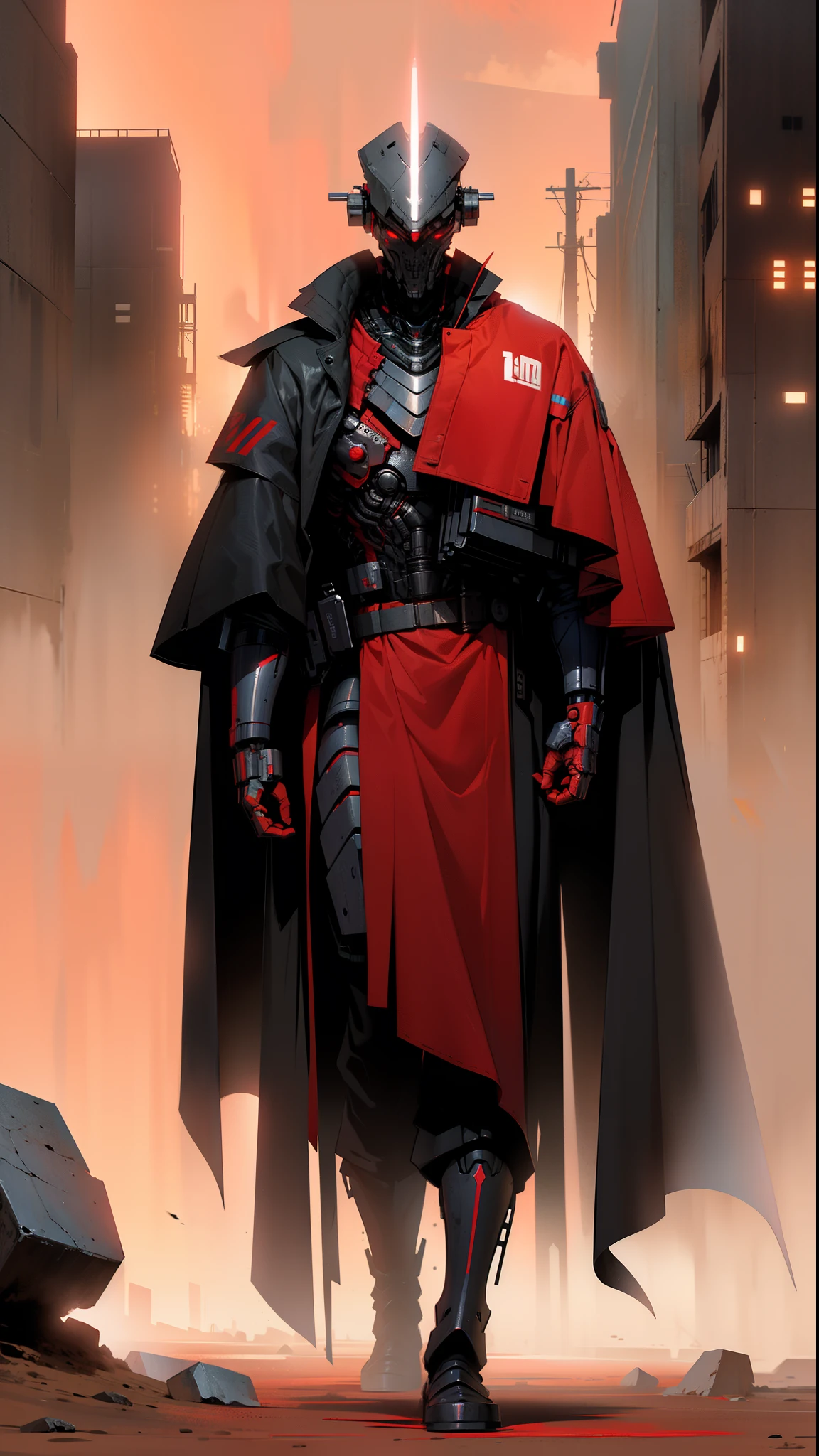 derpd, lethal cyborg assassin wearing robes armor, danger, red sky,post apocalypse