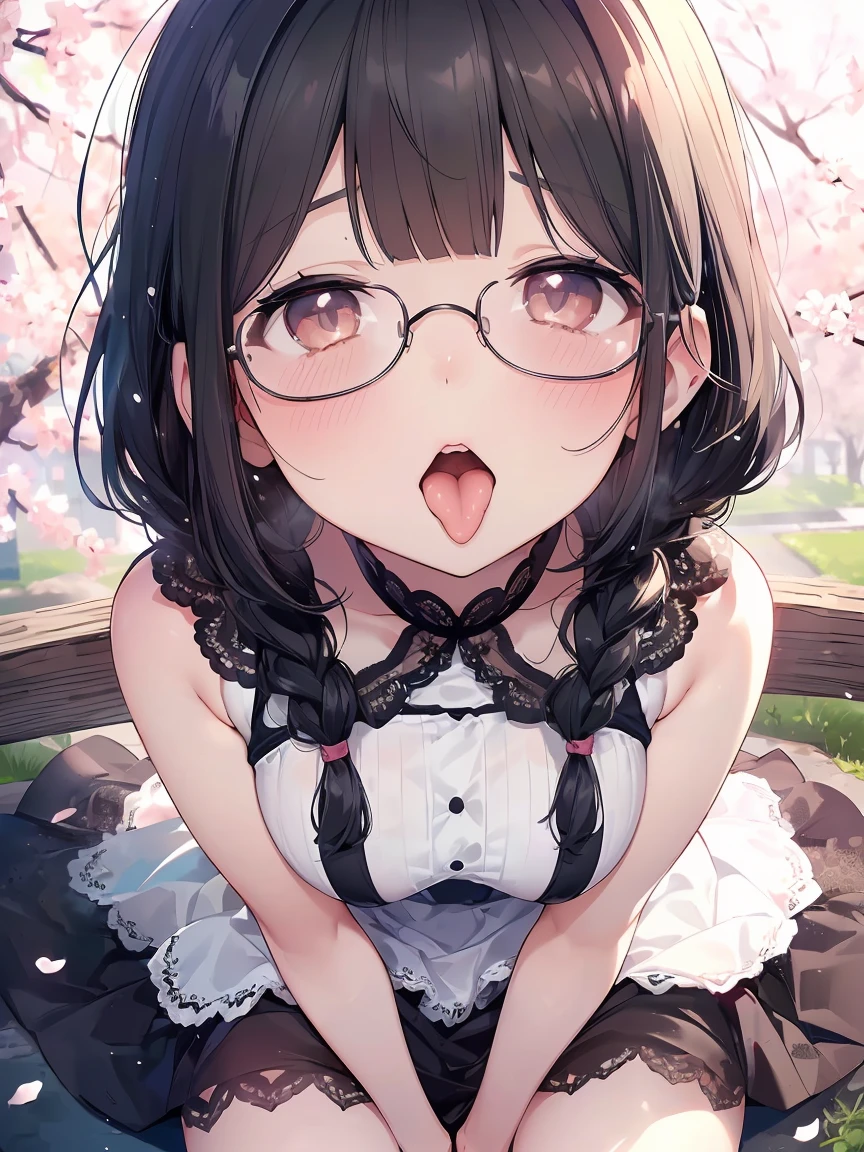 Very detailed, highest quality, High resolution, Moe Anime, ((Cute girl with black hair and droopy eyes)), ((Wearing large round glasses:1.4)), (Baby Face), Cute eyes, Detailed eye depiction, Sparkle in the eyes, View your viewers, Pale skin, (Big eyes:1.4, Droopy eyes:1.4, Fatty face:1.4), Focus on the face, In the park with cherry blossoms falling, Sitting, (Extreme close up of tongue), (((From above))), Open your mouth, (((Face only:1.3))), ((white lace sleeveless dress)), Bright Eyes, Light from the front, (Put your hands between your legs:1.4), large and long tongue