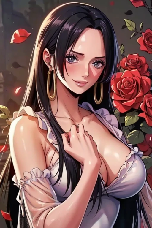 best quality, masterpiece, highly detailed,1girl, ((rose)), (vine), cage, bandage, red rope, (detail light), falling rose petals, Boa Hancock, , (masterpiece:1.5), Detailed Photo, Smiling, Sexy, (8K, Best Quality: 1.4), (1girl), Beautiful Face, (anime realistic Face), (Black Hair, long Hair: 1.3), Beautiful Hairstyle, Realistic eyes, beautiful detail eyes, (white skin), beautiful skin, absurd, attractive, ultra high resolution, ultra realistic, high definition, golden ratio, (sexually aroused:1.5), Pinkish white skin, cool white light, sexy pose, Beautiful , white background, pink soft white light, Wear a white dress, sexy armpit, black lace bra