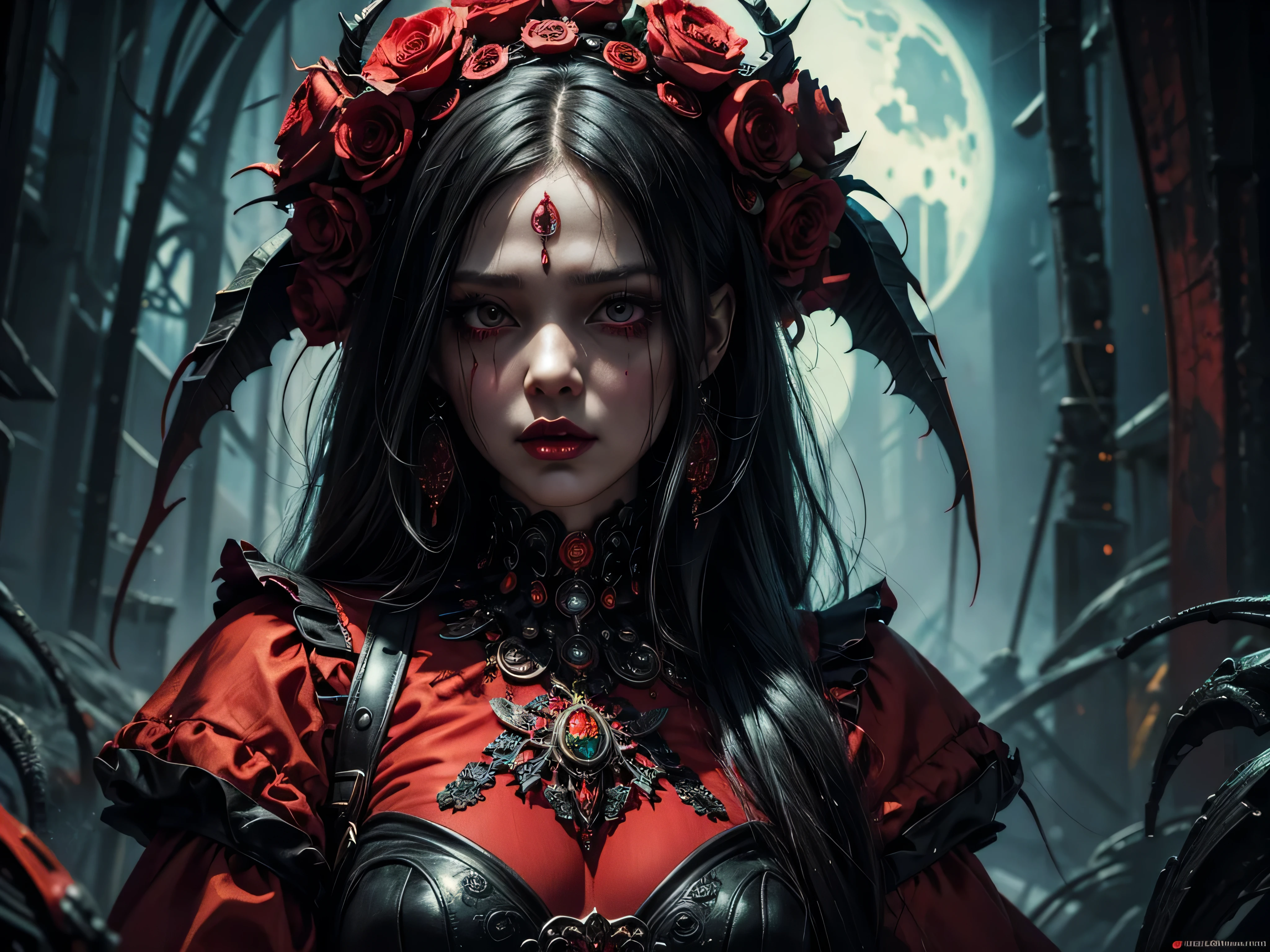 beautiful girl she is dresed in red, yellow and black this city is made of candy beautiful and colorfu detailed 4k horror artwork, elegant horror artwork, in the style of, horror fantasy art, doll phobia, fantasy horror art, 4k highly detailed digital art, dark fantasy horror art, horror illustration, horror art, horror surreal art, horror!! highly detailed