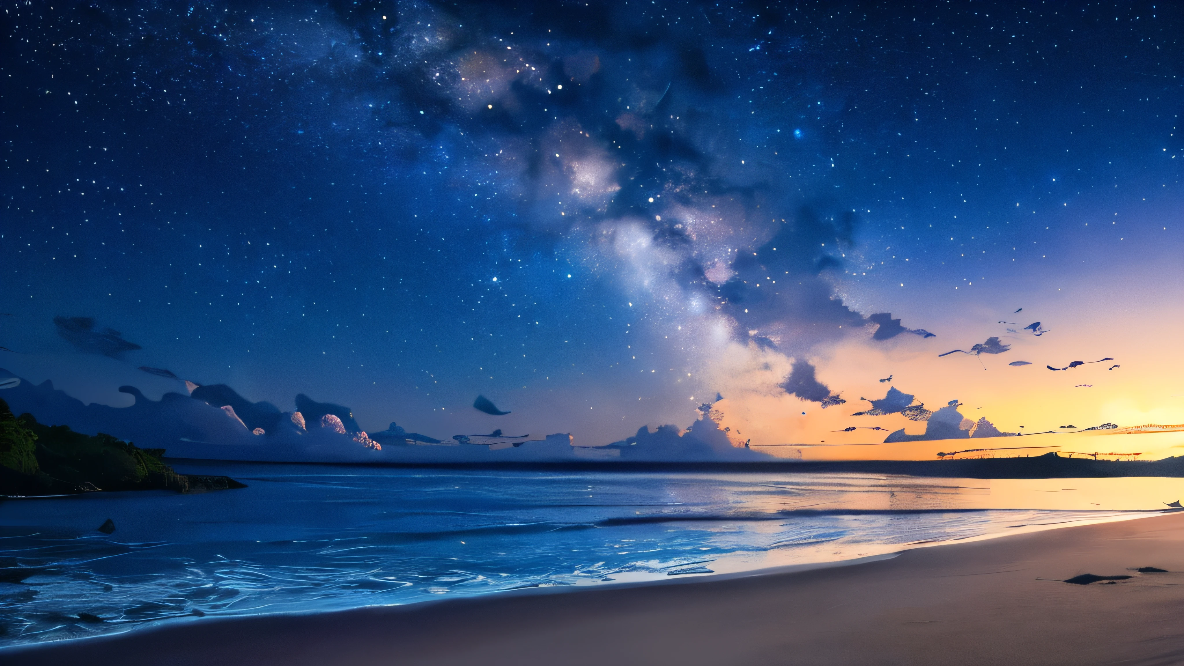 (masterpiece:1.2,highest quality),Tropical Beach,night,Shooting with a wide-angle prime lens,starry skies,milky way,8k resolution