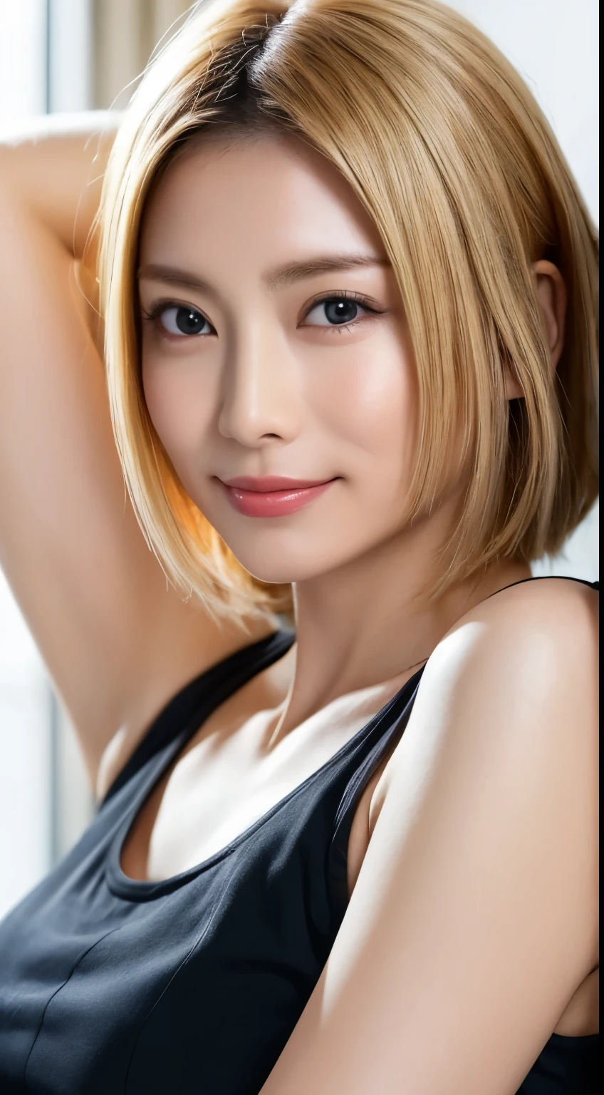 (Ultra HD、Ultra-high resolution、8k、woman)、(Sleeveless dress)、Sit at a desk、Focus on faces、(Realistic skin texture:1.3)、(Photorealistic:1.3)、Short Hair、smile:0.6、(Blonde Hair:1.3)、40ature Woman、ponytail、片腕を上げてArmpitを披露する、Armpit、Armpit sweat