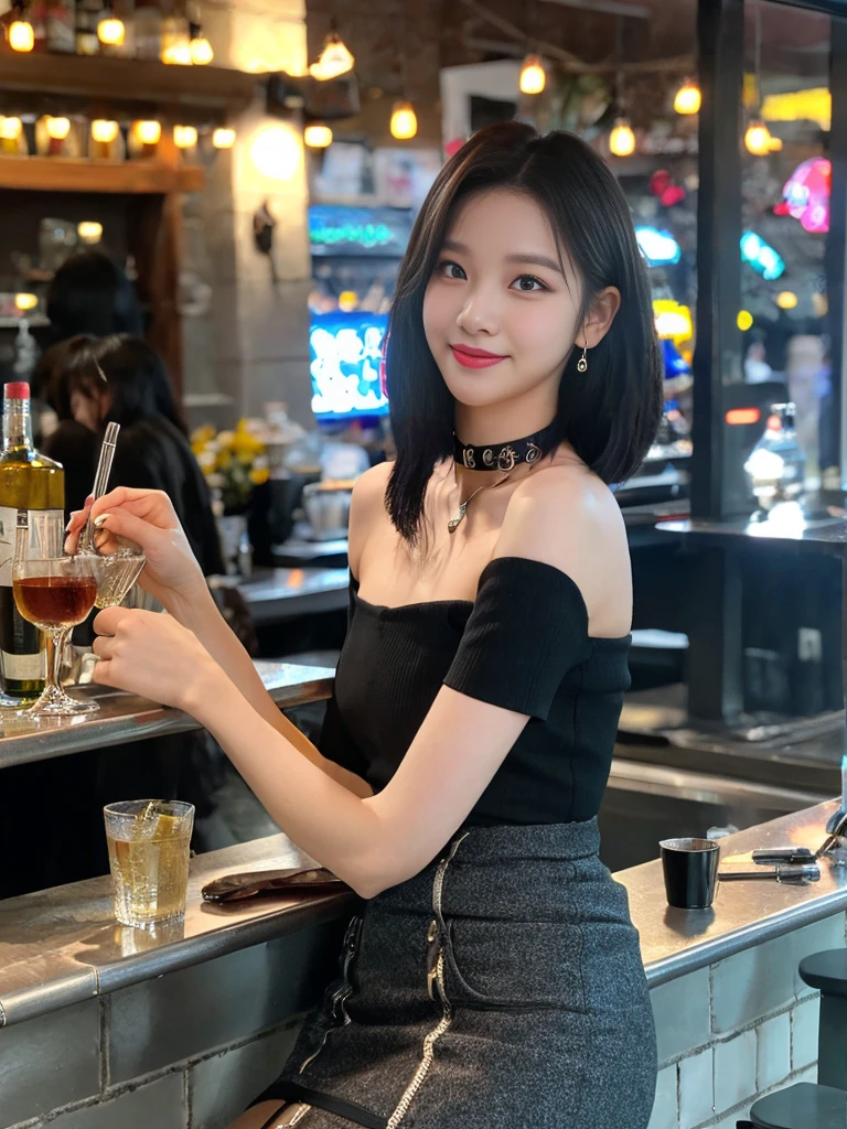 delicate,masterpiece,beautiful details,very colorful,exquisite details,delicate 입술,the details are complicated,natural D cup breasts,one woman,(Beautiful 20 year old cute Korean woman:1.1),(South Korean K-pop idols),(50mm sigma f /1.4 Zeiss lenses, f1.4, 1/800s, ISO 100, picture:1.1), (black short hair:1.5), (realistic:1.4), (spy:1.2), flesh colored pantyhose, (wireless dress, christian dior\(trademark\),:1.4), earring,choker necklace,bracelet,(선bar,bar:1.4),(beautifulleg,(high heel : 1.3),thin,slim_leg,femur_gap,Model:1.2),lens flare,seen from the front, (beautiful smile : 0.5) , hospitality,tray, whiskey, Hosting,(to put on make up:1.1),Leaning on the bar stool,