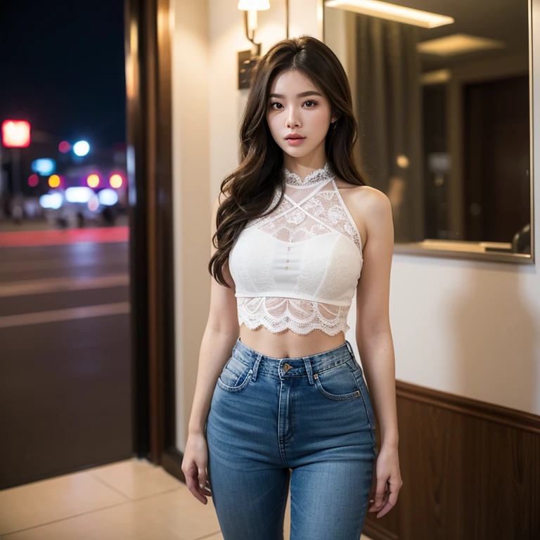 ((Realistic lighting, best qualtiy, 8K, tmasterpiece:1.3)), sharp fokus:1.2, 1girll, Beautiful Women with Perfect Figure:1.4, : ((dark brown hair)), (White lace underwear:1.4),(exteriors,during night:1.1),Being in a hotel,high light,Ultra-fine face,Fine eyes,double eyelid,skintight jeans,Shooting from front