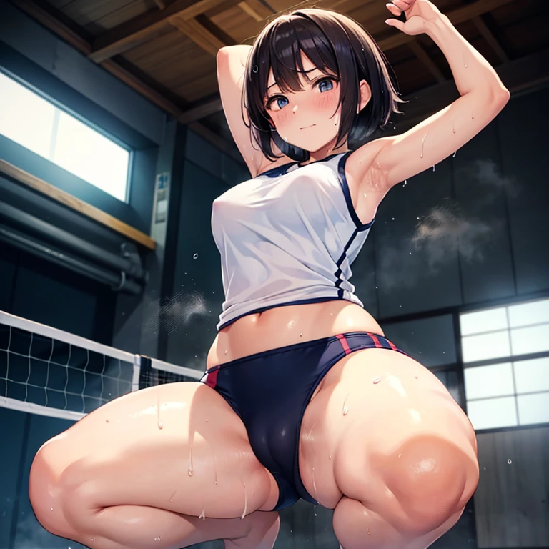 Japanese 13-year-old woman Tank top Both arms raised Bob Hair Armpit sweat Volleyball practice squat Angle from directly below Sweat dripping from the crotch My crotch is very wet with sweat Steam is coming out again