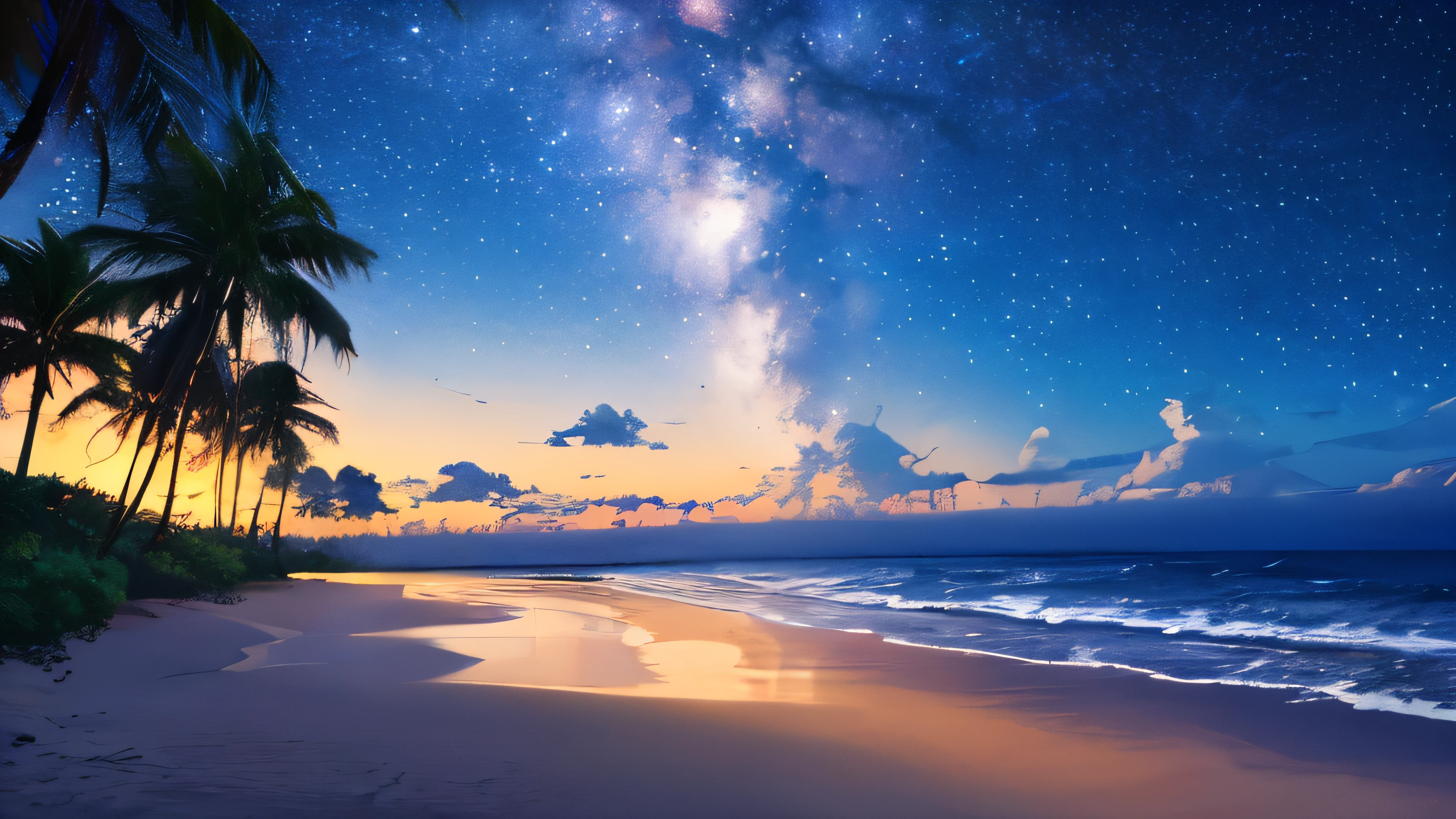 (masterpiece:1.2,highest quality),Tropical Beach,night,Shooting with a wide-angle prime lens,starry skies,milky way,8k resolution