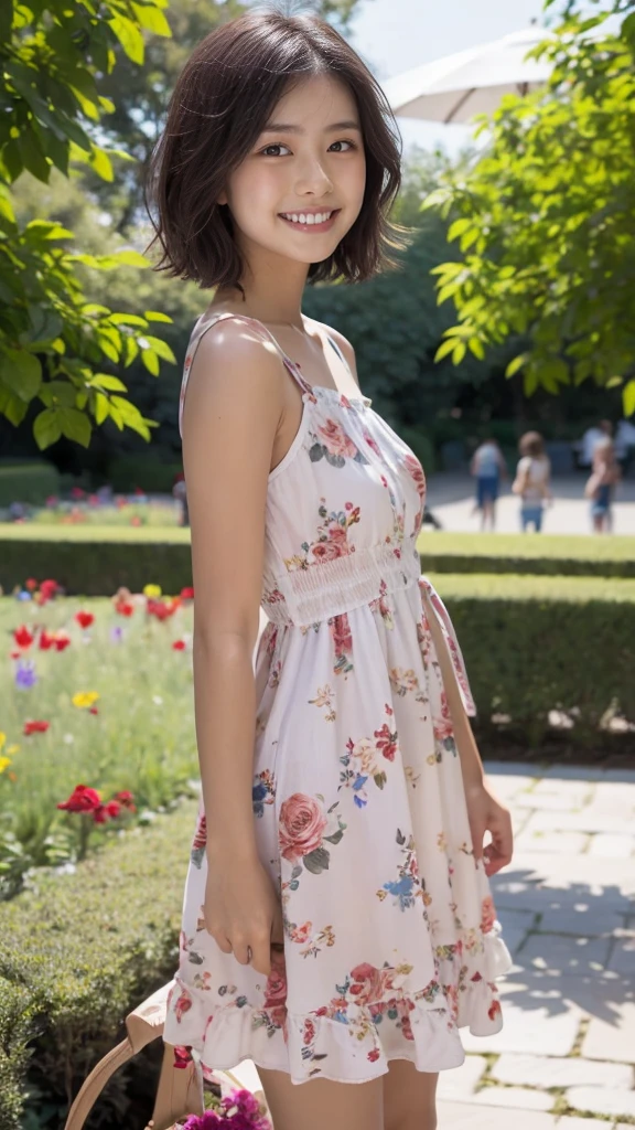 masterpiece, highest quality, disorganized, perfect anatomy, 1 girl, alone, pascal tales, short hair, beautiful, Hilarious, sunny day, botanical garden, Summer winds, sundress, Floral, wavy hair, smile