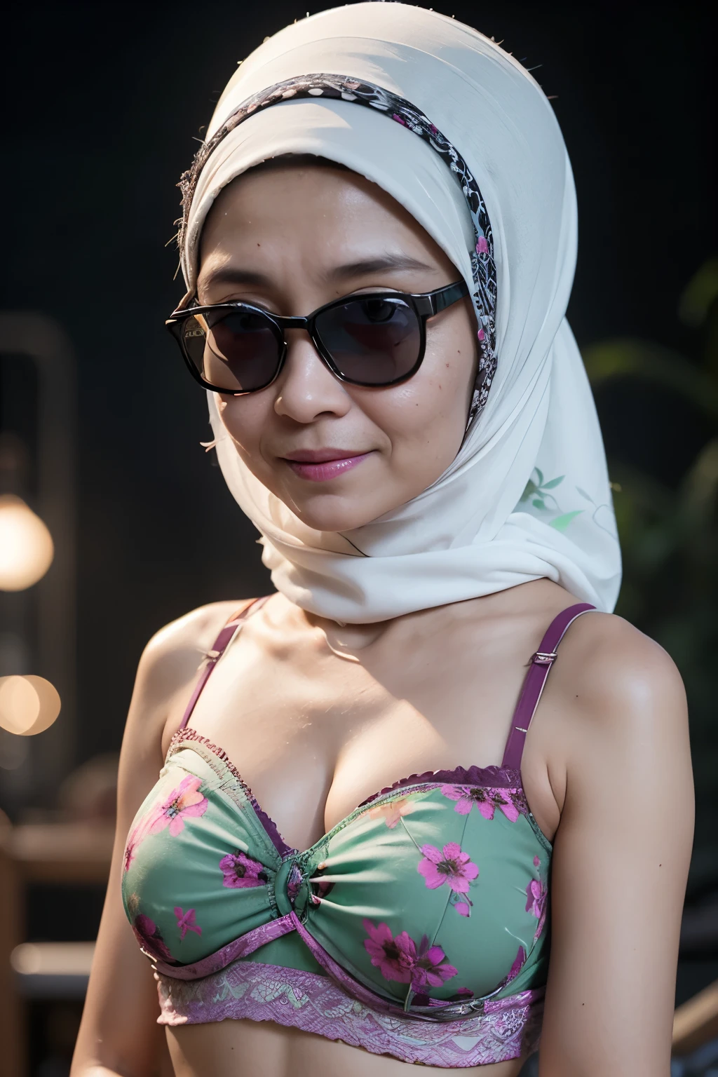 (((Sunglasses))), ((Old lady:1.5)), ((FLAT CHEST:1.6)), (Happy smile), (((HIJAB MALAY GIRL))), masutepiece, High quality, UHD 32K, Realistic face, Realistic skin feeling , A Japanese Lady, 58 years old matured lady, , Very cute and baby-like face, (((FLAT CHEST))), (Night time at forest), ((look In front  at the camera and SADNESS)), (((WHITE FLUORESCENT))), (((CUTE GIRL))), ((LIGHT GREEN FLUORESCENT LIPS)), ((Floral Pattern)) little wearing strapless bra, strapless colorful bra, dark night background , black forest night, horror scary place, (from behind up) seductive pose