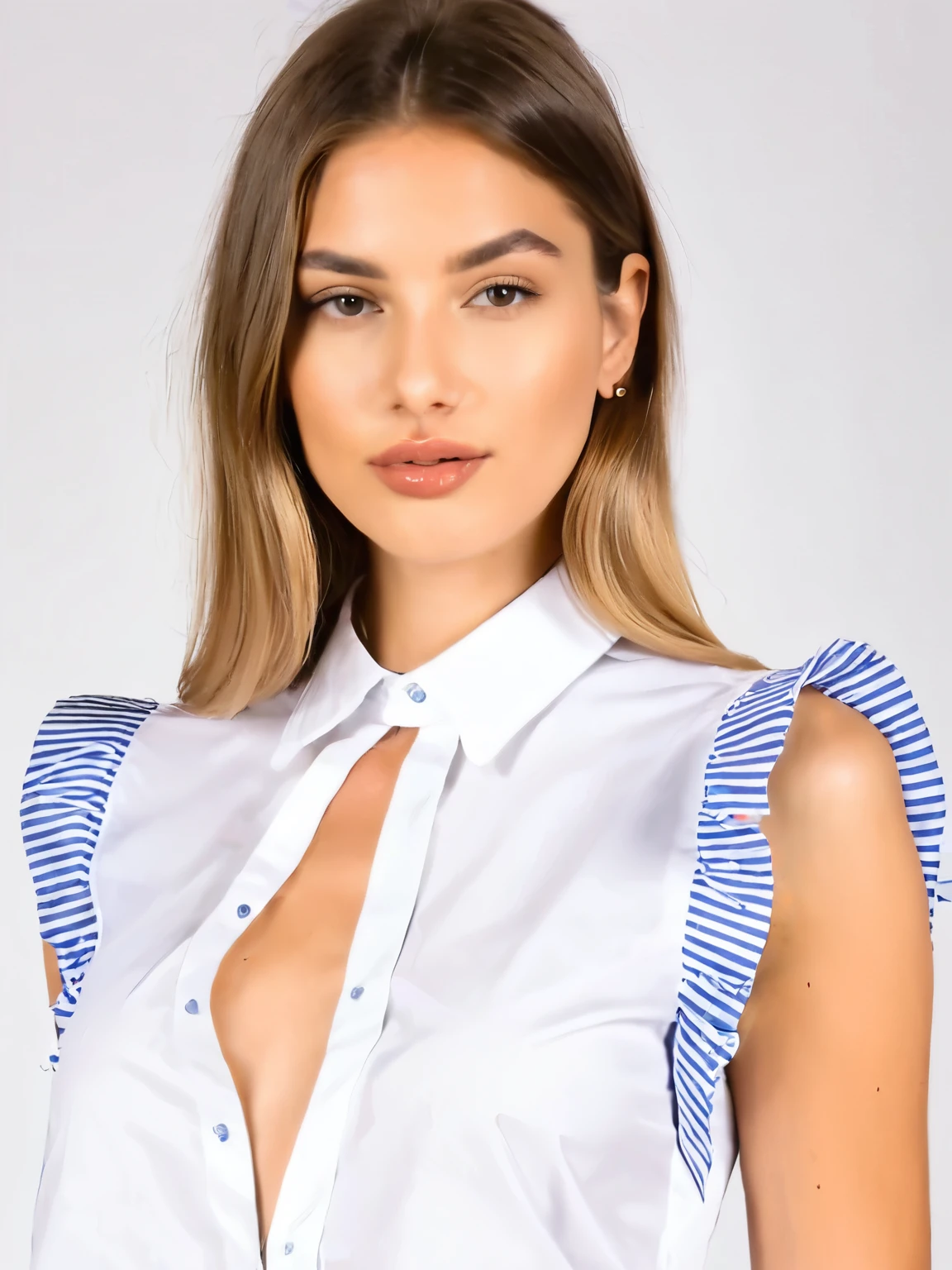 Bella dama como camisa que le tape los pechos pero se vean su cuello y hombros, defrente
