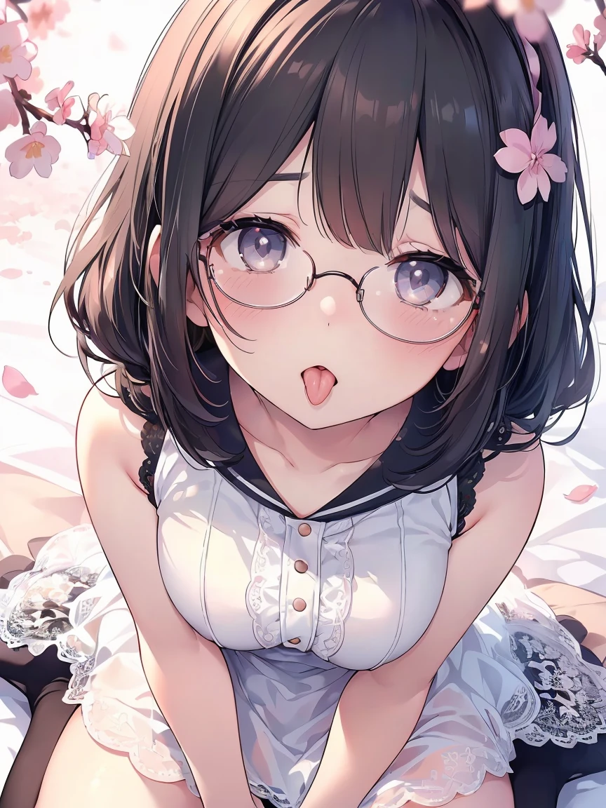 Very detailed, highest quality, High resolution, Moe Anime, ((A cute girl with black hair and droopy eyes is looking up)), ((Wearing large round glasses:1.4)), (Baby Face), Cute eyes, Detailed eye depiction, Sparkle in the eyes, View your viewers, Pale skin, (Big eyes:1.4, Droopy eyes:1.4, Fatty face:1.4), Focus on the face, In the park with cherry blossoms falling, Sitting, (Extreme close up of tongue), (((From above))), Open your mouth, (((Face only:1.3))), ((white lace sleeveless dress)), Bright Eyes, Light from the front, (Put your hands between your legs:1.4), large and long tongue