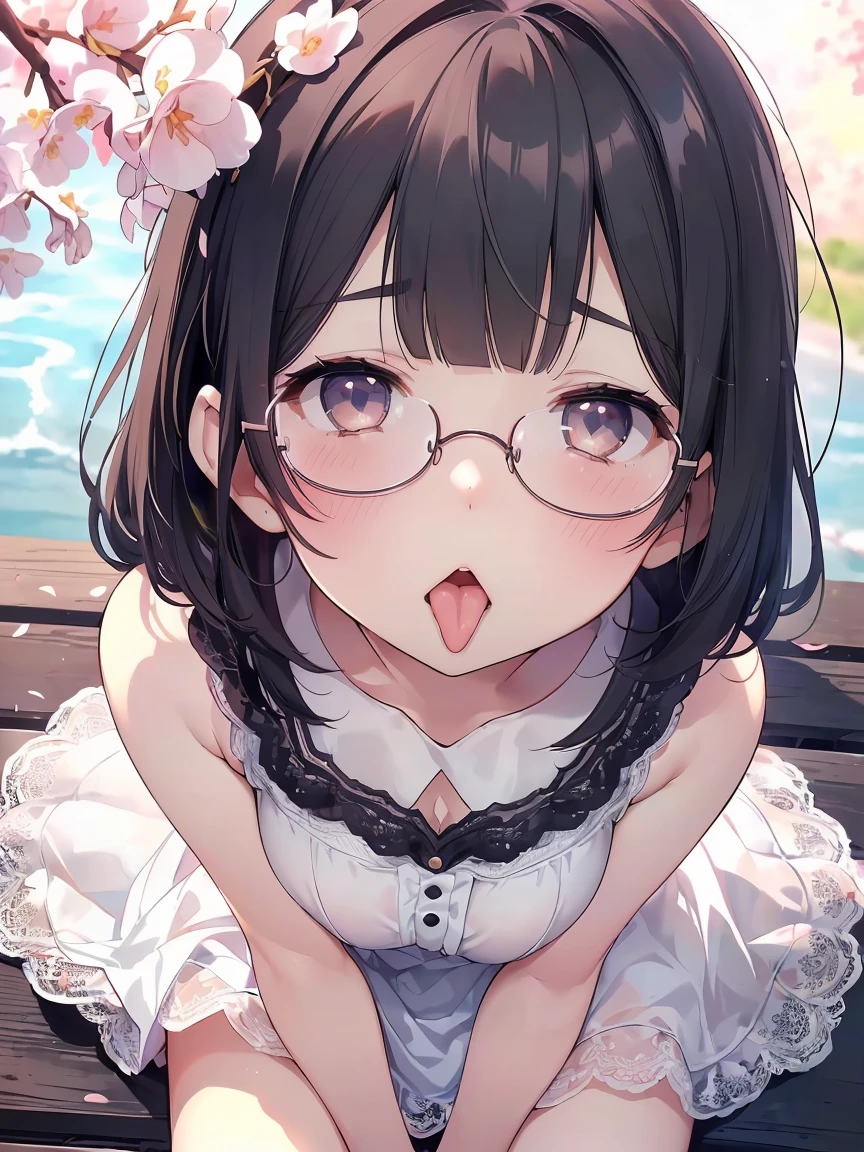 Very detailed, highest quality, High resolution, Moe Anime, ((A cute girl with black hair and droopy eyes is looking up)), ((Wearing large round glasses:1.4)), (Baby Face), Cute eyes, Detailed eye depiction, Sparkle in the eyes, View your viewers, Pale skin, (Big eyes:1.4, Droopy eyes:1.4, Fatty face:1.4), Focus on the face, In the park with cherry blossoms falling, Sitting, (Extreme close up of tongue), (((From above))), Open your mouth, (((Face only:1.3))), ((white lace sleeveless dress)), Bright Eyes, Light from the front, (Put your hands between your legs:1.4), large and long tongue