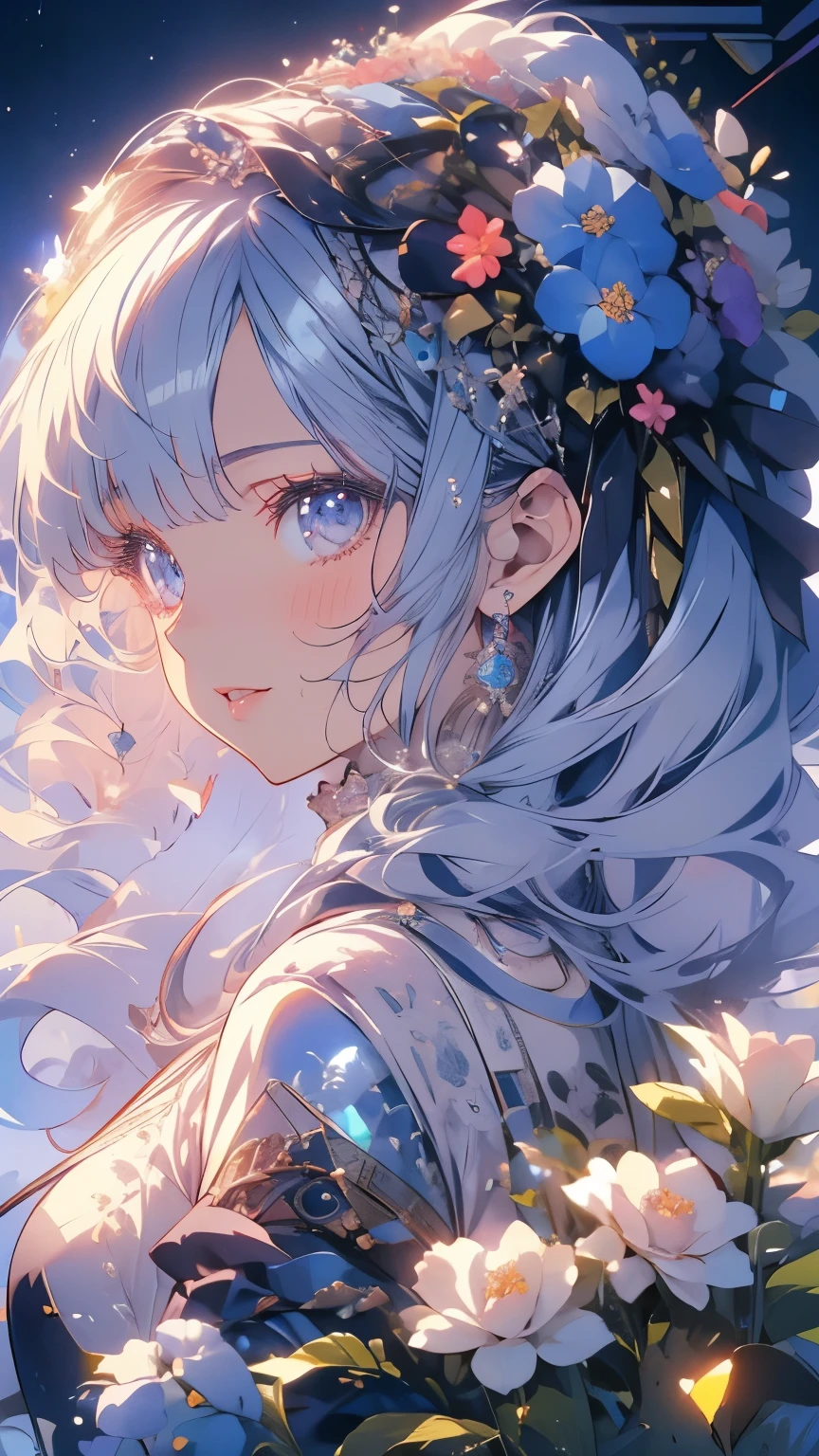 (Mastepiece)、(Best Quality)、Highly detailed face、Upper body shot、Anime Girl、1 girl、Gray Hair、blue eyes、Long Hair、smile、butterfly々、Fantasy、Lots of flowers