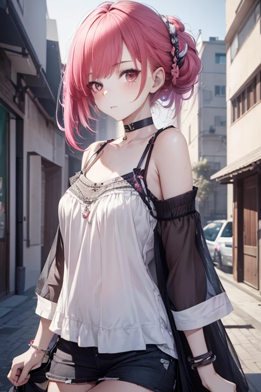 1girl, Wear casual clothes with bare shoulders, accessories, choker, apartment, looking at viewer, armband, blush, multicolored hair, (sensual pose, full shot), (stylized:1.3), (Highly detailed), (high resolution), (Best quality), (masterpiece)
