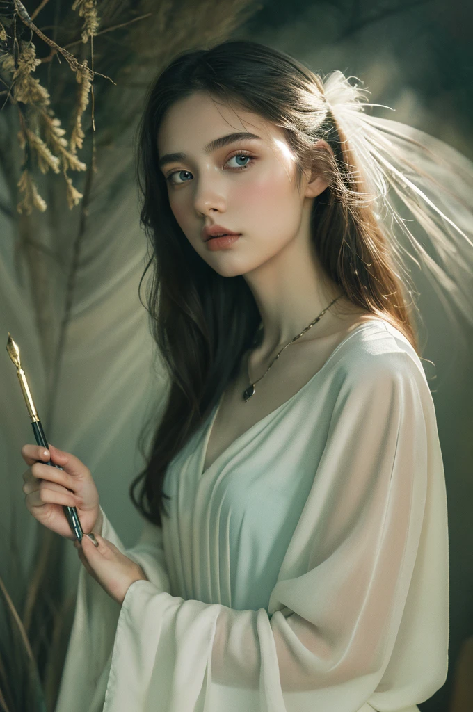 ( masterpiece, top quality, best quality,8k,17 years old girl,ultra detailed,raw photo:1.5),(photorealistic:1.4), (cinematic lighting), PerfectNwsjMajic, , Surrealism, UHD, ccurate, Super detail, textured skin, High detail, Best quality, dynamic angle, White skin,[Beautiful blue eyes], high nose,[flat chest:large breasts:0.5],(1girl),(good anatomy:0.5)), Dreamy atmosphere, Dark,expressive brush strokes, mystical ambiance, Artistic interpretation, Stunning Studio Ghibli style costumes, a whimsical illustration, Subtle colors and tones, mystical aura, jewelry ,sparkling,, white outfit 