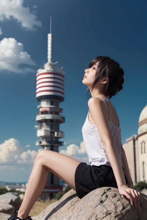 Anime girl sitting on a rock looking at the sky,A tower piercing the sky in the distance, makoto shinkai cyril rolando, anime art wallpaper 4k, anime art wallpaper 4k, Cyril Rolland and Goro Fujita, anime art wallpaper 8k, 4k anime wallpaper, anime wallpaper 4k, anime wallpaper 4k, ( ( makoto shinkai ) ), makoto shinkai!