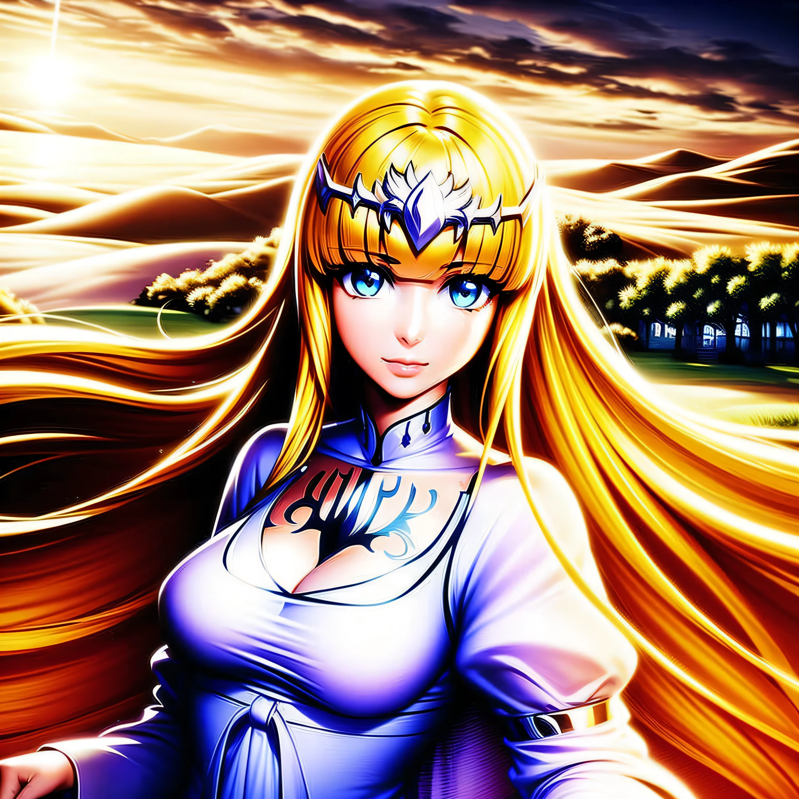 a very beautiful woman, with the background of a castle, solo, 1girl, Calca, Calca Bessarez, blonde hair, extremely long hair, very long hair, white tiara, silver tiara, white dress, blue eyes, medium chest