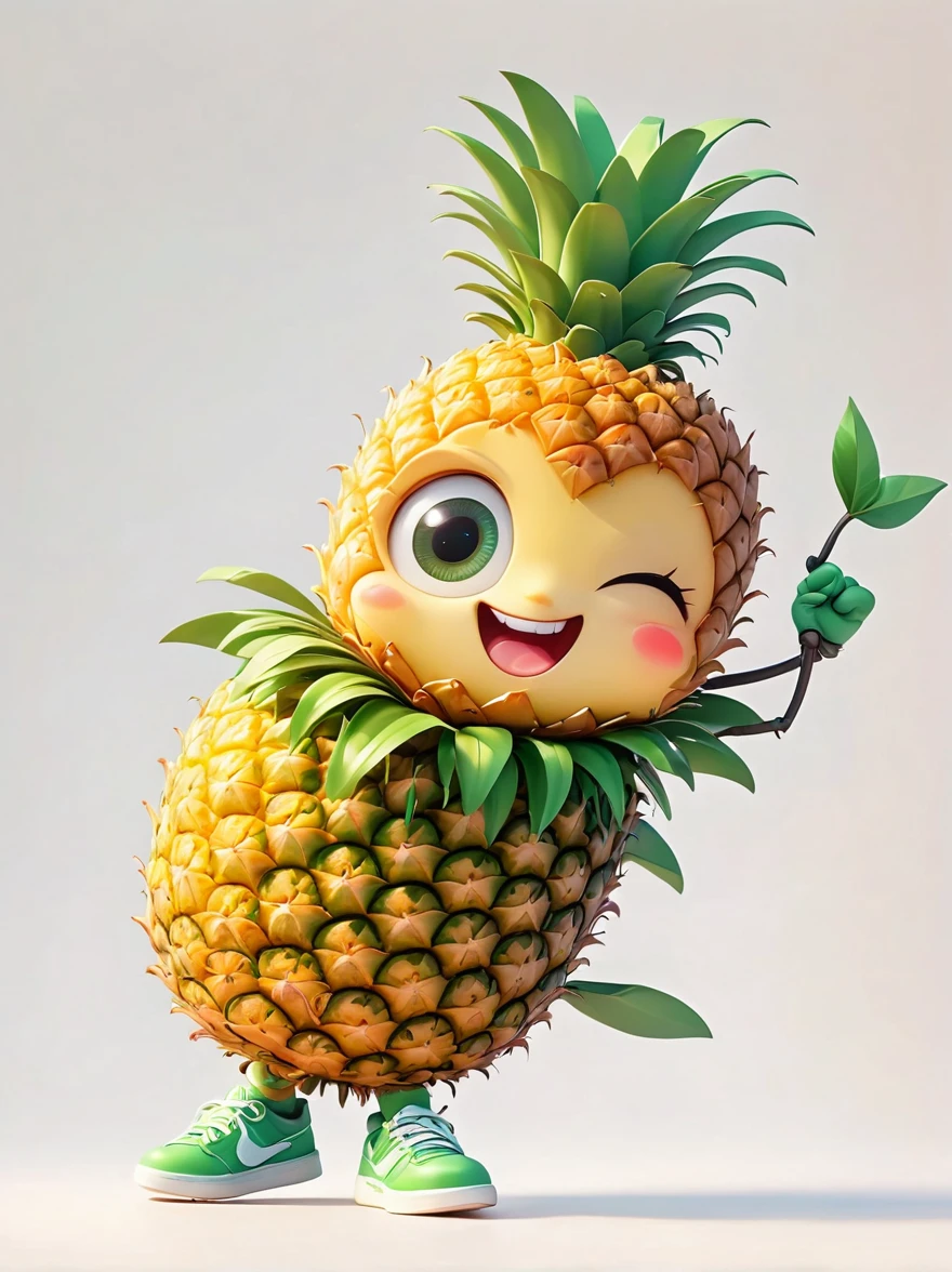 personification，A playful and energetic cartoon character，Influenced by Apple，But designed like a pineapple，It has a silly smile and eye-catching colors，Its skin is bright and textured.，Strange pointed green leaves grow on the top，Mimics the properties of a typical pineapple，A pair of expressive eyes，Comedy charm。Cartoon pineapple，Friendly hands and feet，Interesting poses appear，mascot，(one eye Close:1.8)，3D Rendering，Solid color background，specific，chibi anime，Surrealism, Cartoon Style, full-body shot, Super Detail, Anatomically correct, masterpiece, precise