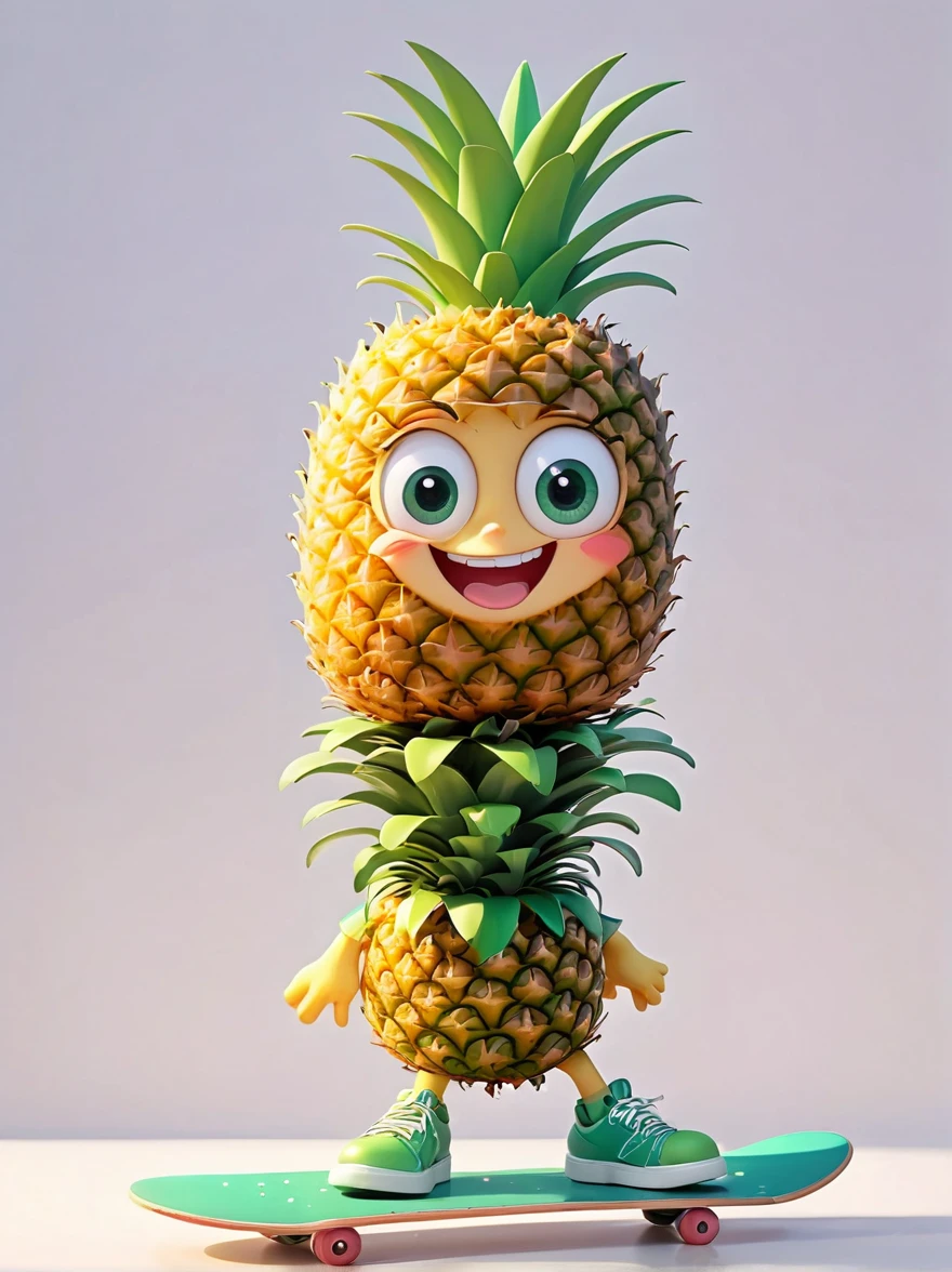 personification,A playful and energetic cartoon character,Influenced by Apple,But designed like a pineapple,It has a silly smile and eye-catching colors,Its skin is bright and textured.,Strange pointed green leaves grow on the top,Mimics the properties of a typical pineapple,A pair of expressive eyes,Comedy charm。Cartoon pineapple,Friendly hands and feet,Interesting poses appear,mascot,(one eye Close:1.8),3D Rendering,Solid color background,specific,chibi anime,Surrealism, Cartoon Style, full-body shot, Super Detail, Anatomically correct, masterpiece, precise