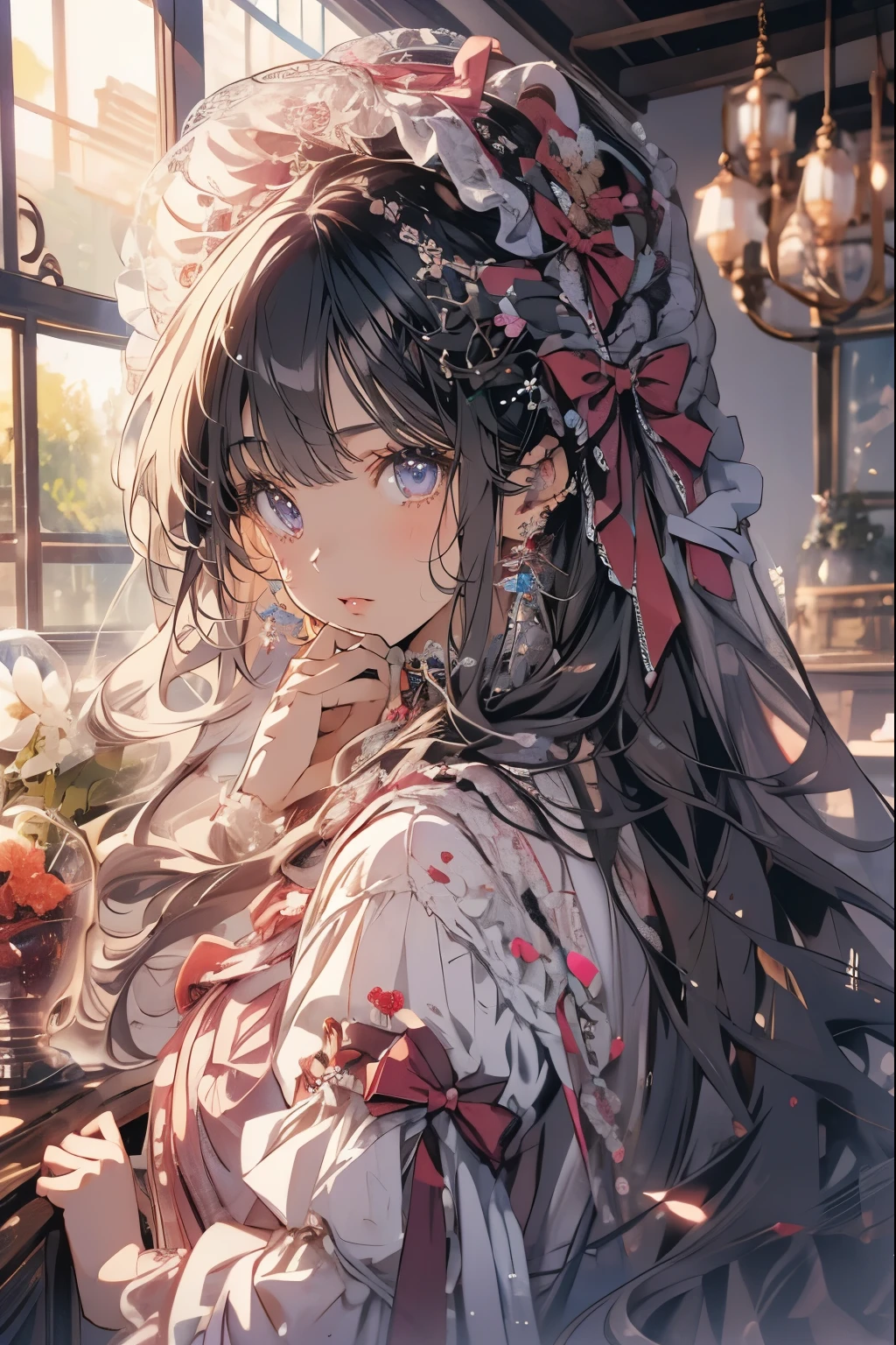 (Mastepiece)、(Best Quality)、Highly detailed face、Anime Girl、1 girl、ta Clothing、Fluffy long hair