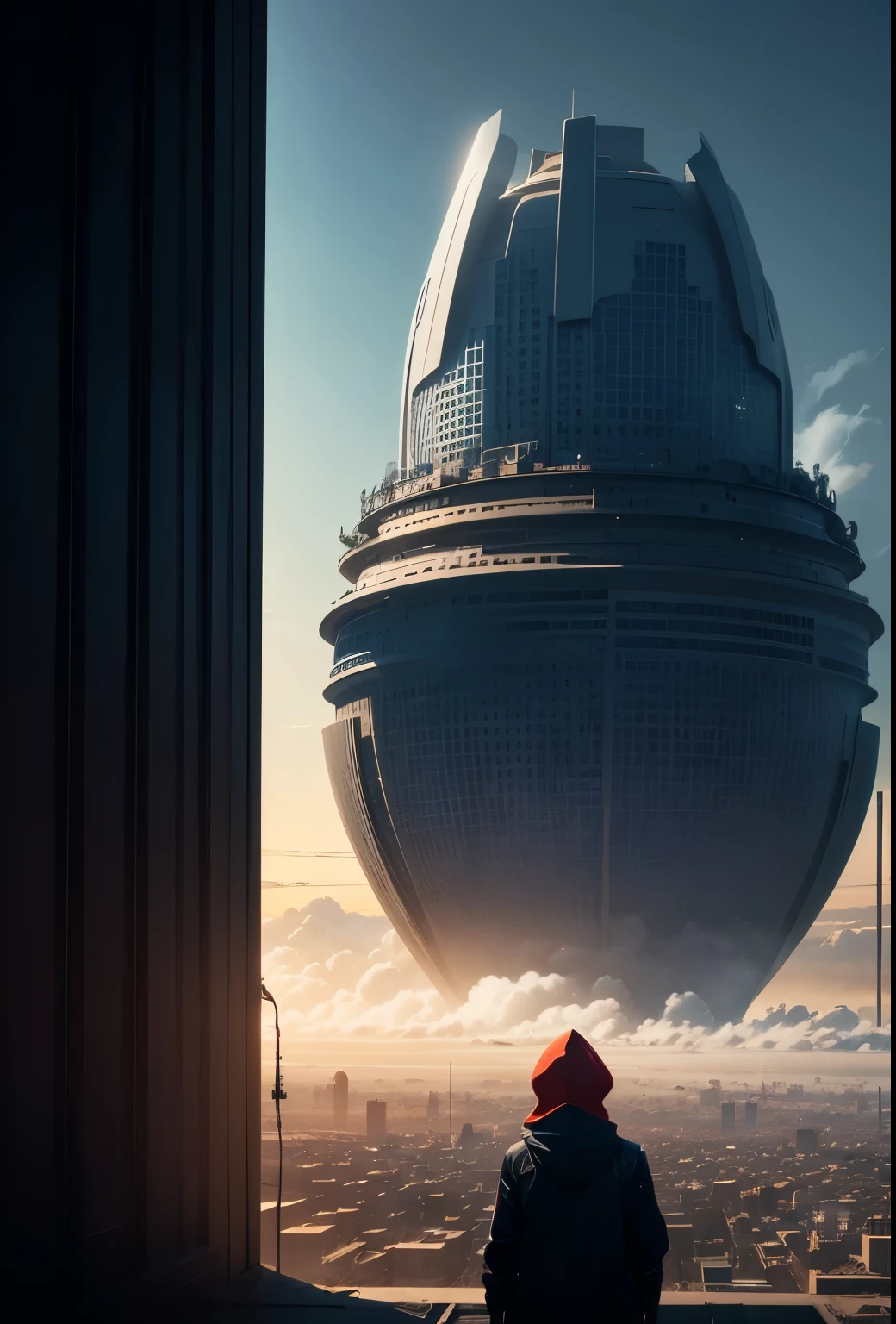 image taken from behind the shoulder of a GIRL with her back turned and DRESSED IN a red HOOD from a balcony of a futuristic building with, She is looking at an aerial view of an ultra-futuristic North American megalopolis, view of the entire city with many buildings up to the horizon and metal houses in dark colors from dark blue to black, a cidade tem tons de cinza metal, has smoky metal structures , industrial environment with smoke and fog around, carros escuros nas ruas, desert megalopolis, trilhos e trens modernos de de metal passando estre as ruas da cidade, tall futuristic metal buildings, many ultra modern buildings around, Science fiction, the silhouette of the planet saturn in the atmosphere in the sky. as realistic as possible, As detailed as possible,
