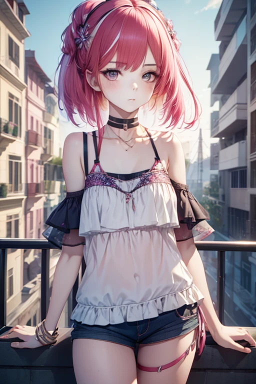 1girl, Wear casual clothes with bare shoulders, accessories, choker, balcony, looking at viewer, armband, blush, multicolored hair, (sensual pose, full shot), (stylized:1.3), (Highly detailed), (high resolution), (Best quality), (masterpiece)