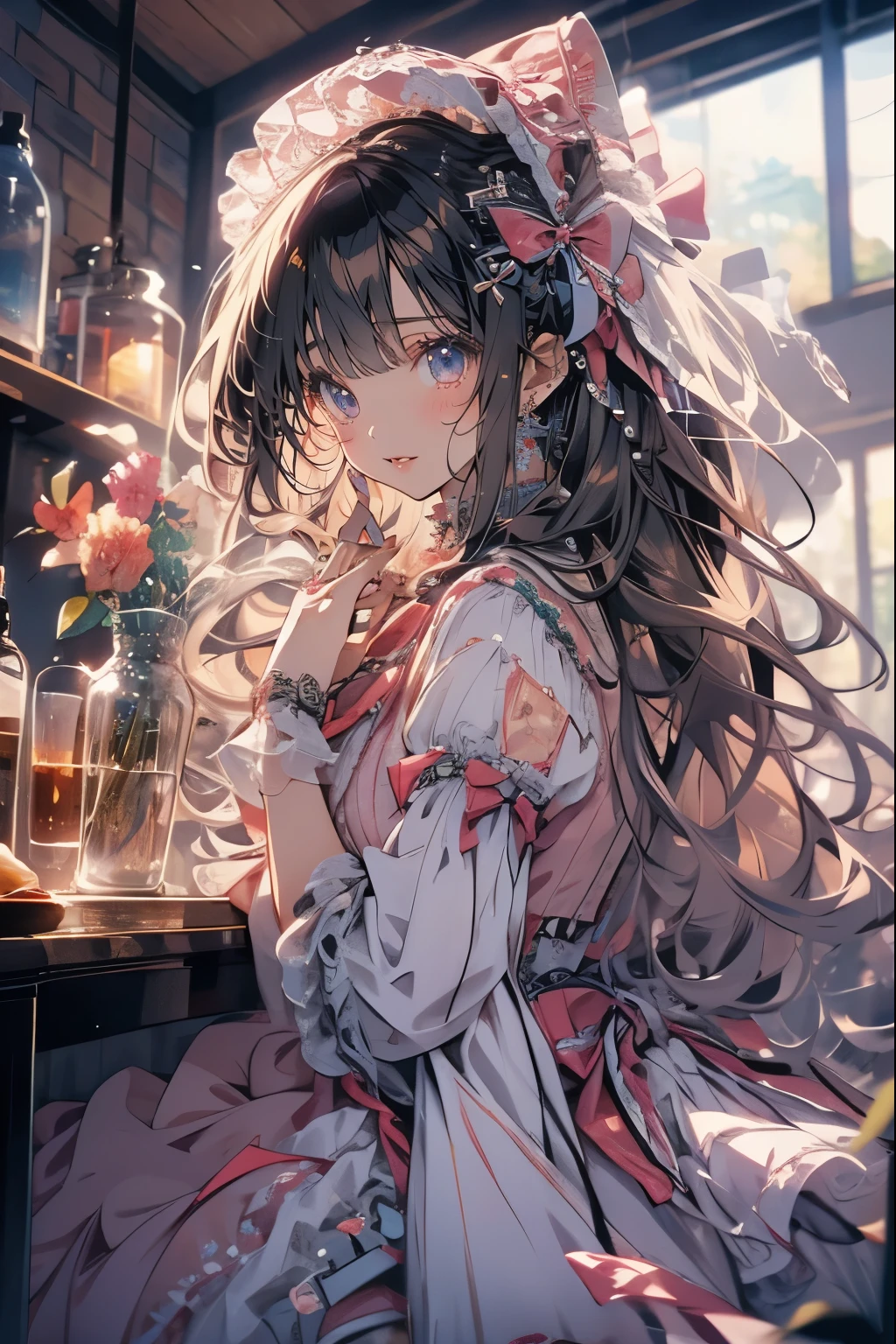 (Mastepiece)、(Best Quality)、Highly detailed face、Anime Girl、1 girl、ta Clothing、Fluffy long hair